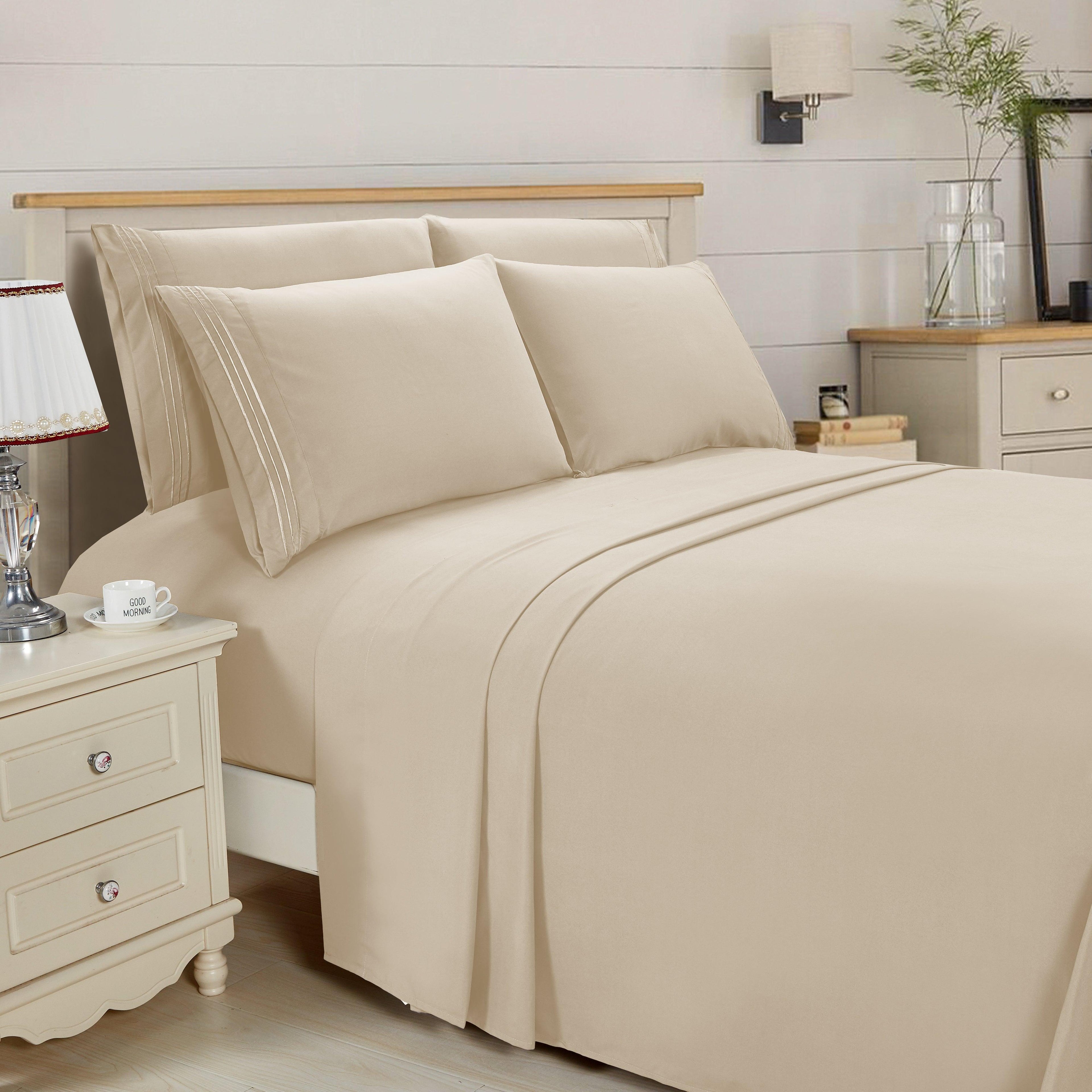 Essential 6-Piece 3-Line Embroidery Sheet Set, Soft as a Hotel Premium Quality, Bright Shades