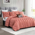 12-Piece Ella Pleated Ruched Pintuck Comforter Set, Includes 6-Piece Sheet Set with Double Sided Storage Pockets