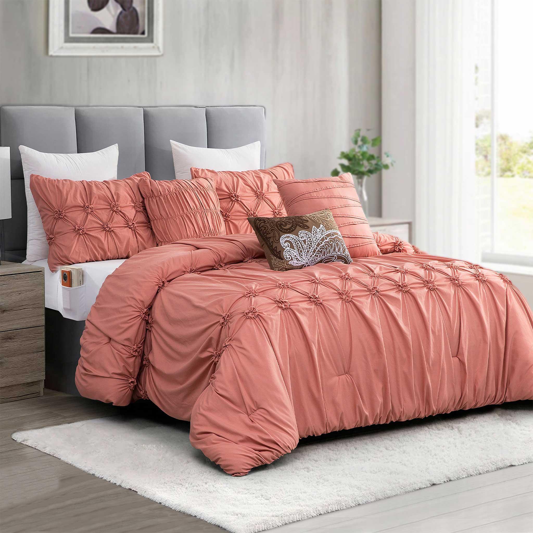 12-Piece Ella Pleated Ruched Pintuck Comforter Set, Includes 6-Piece Sheet Set with Double Sided Storage Pockets