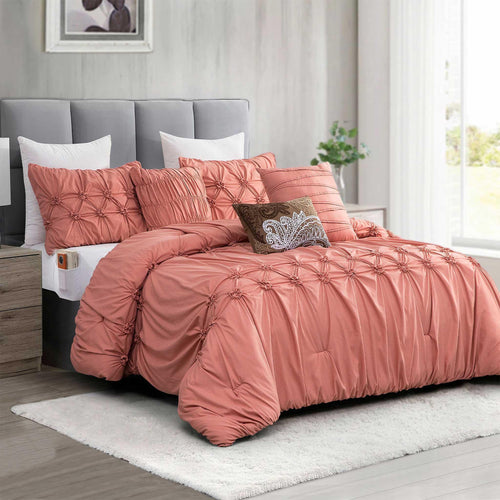 12-Piece Ella Pleated Ruched Pintuck Comforter Set, Includes 6-Piece Sheet Set with Double Sided Storage Pockets