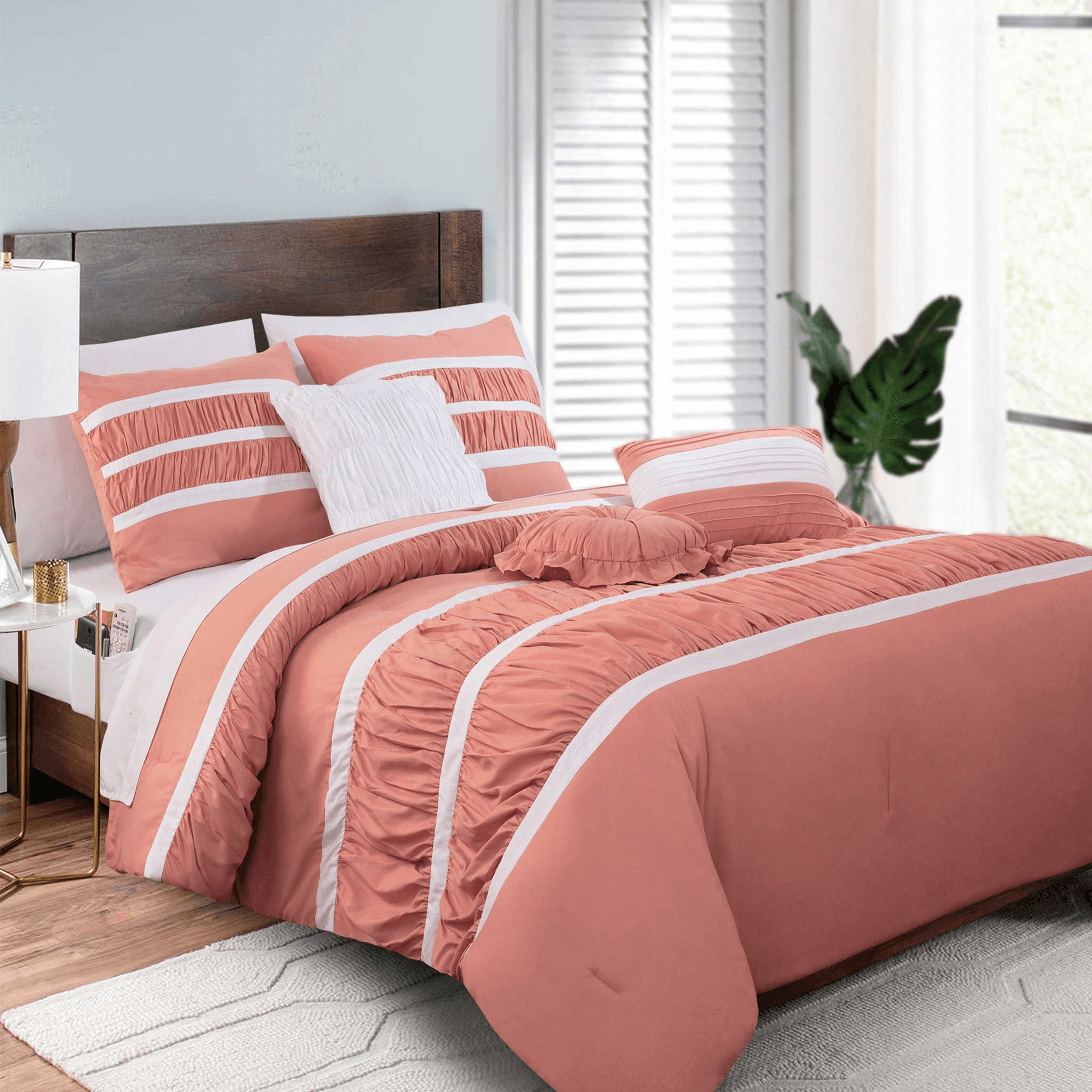 12-Piece Isabella Pleated Ruched Ruffled Comforter Set, Includes 6-Piece Sheet Set with Double Sided Storage Pockets