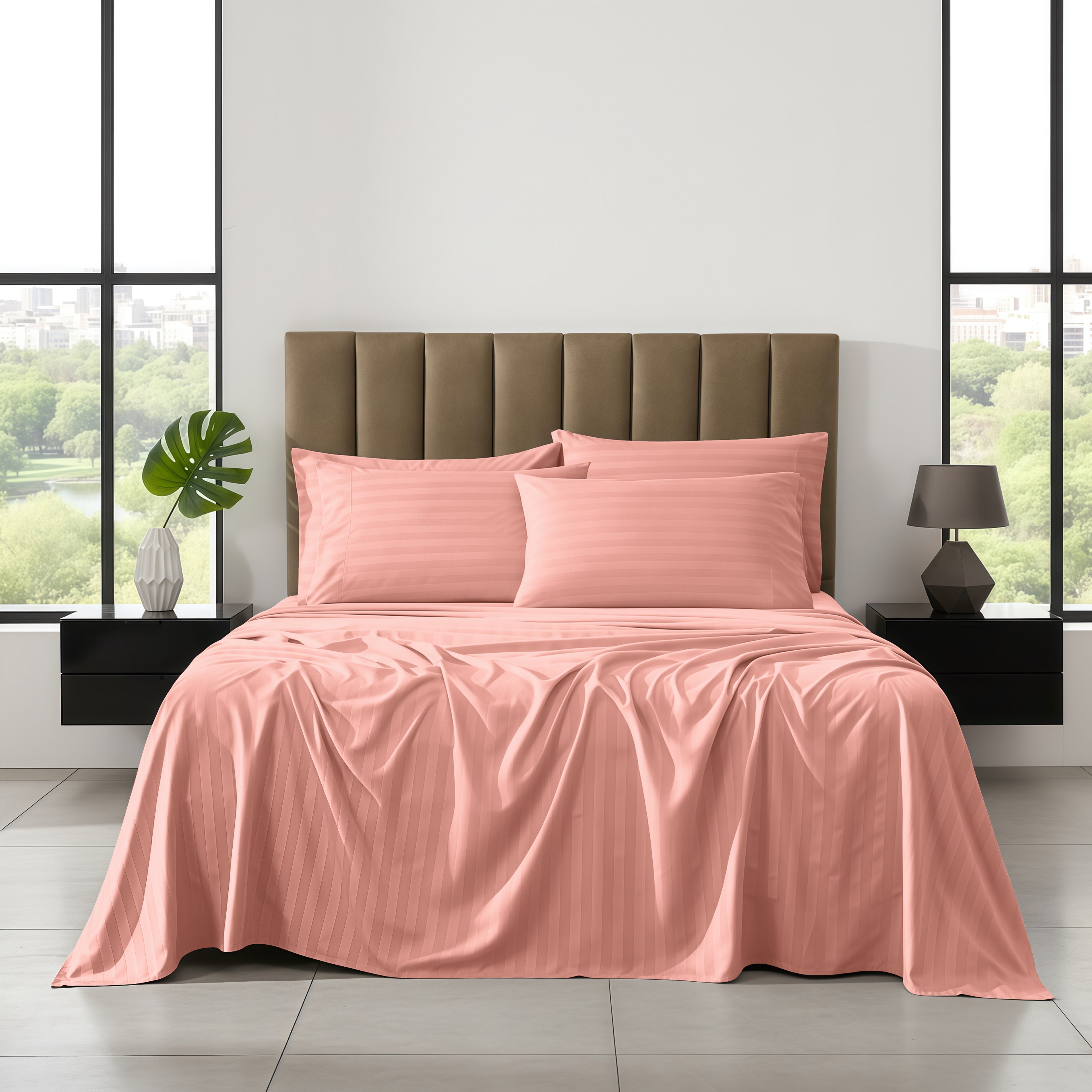 6-Piece Dobby Stripe Printed Bed Sheet Set- Soft as a Hotel Premium Quality