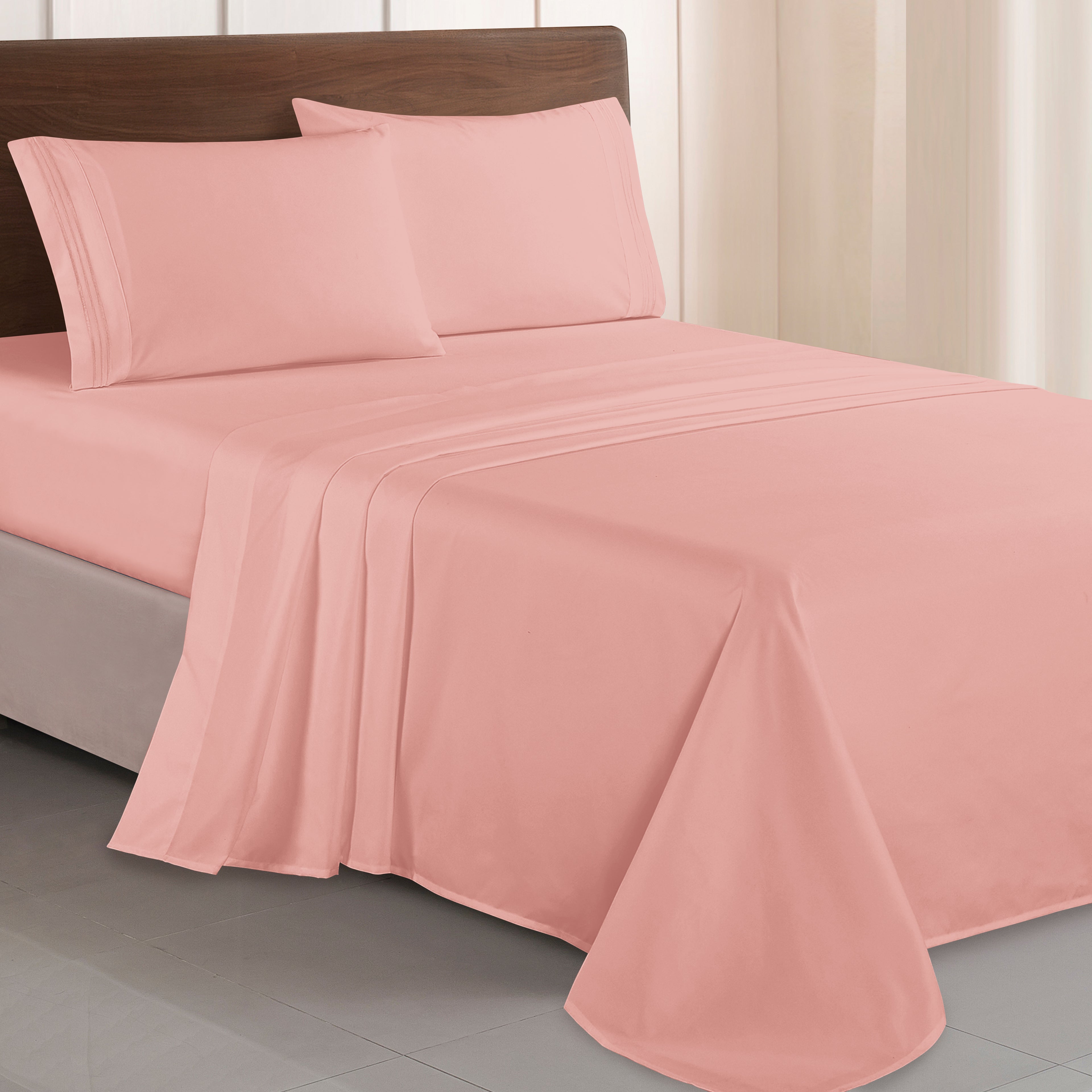 Essential Solid 3 Line Embroidery - Soft as a Hotel Premium Quality, 4-Piece Sheet Set, Bright Shades