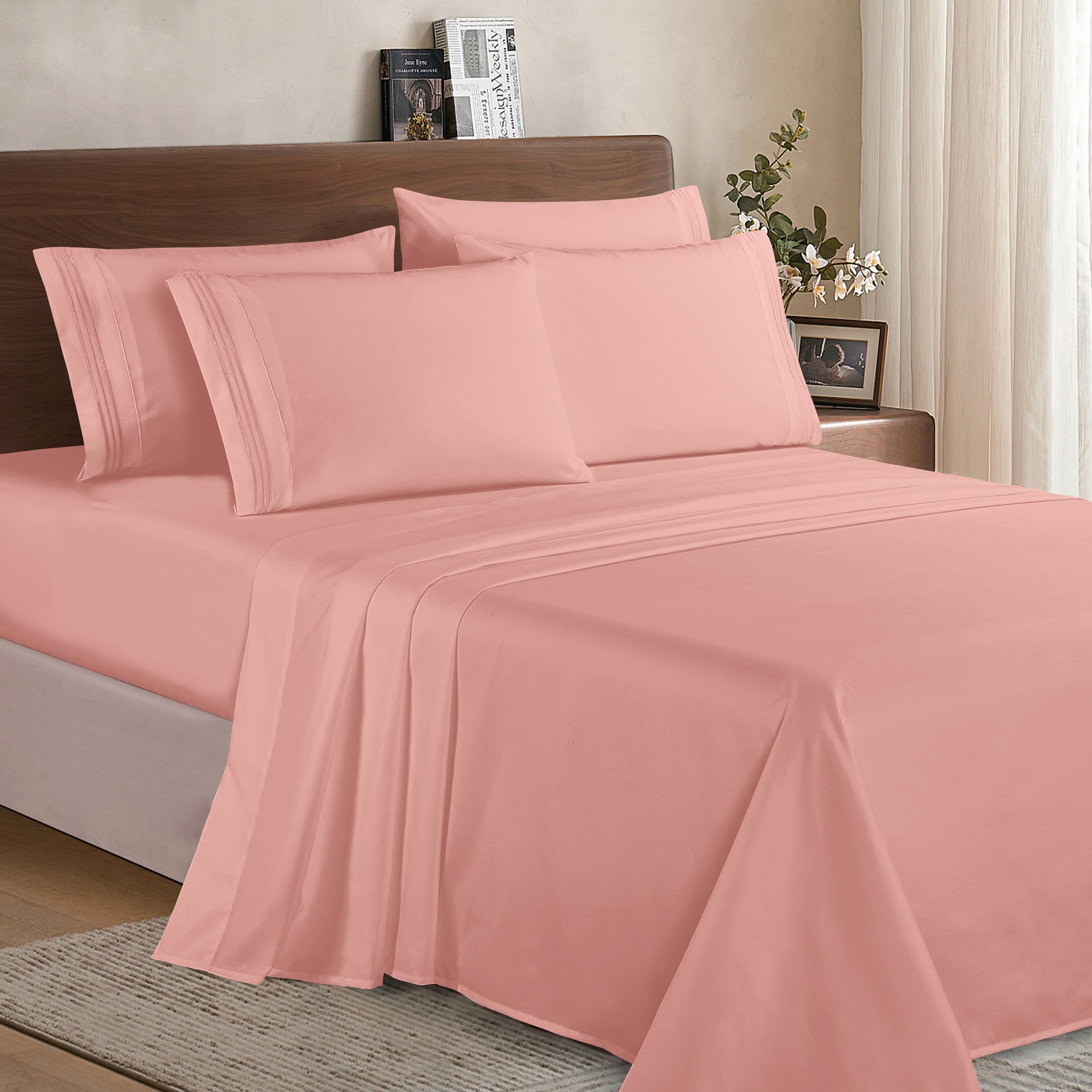 Essential 6-Piece 3-Line Embroidery Sheet Set, Soft as a Hotel Premium Quality, Bright Shades