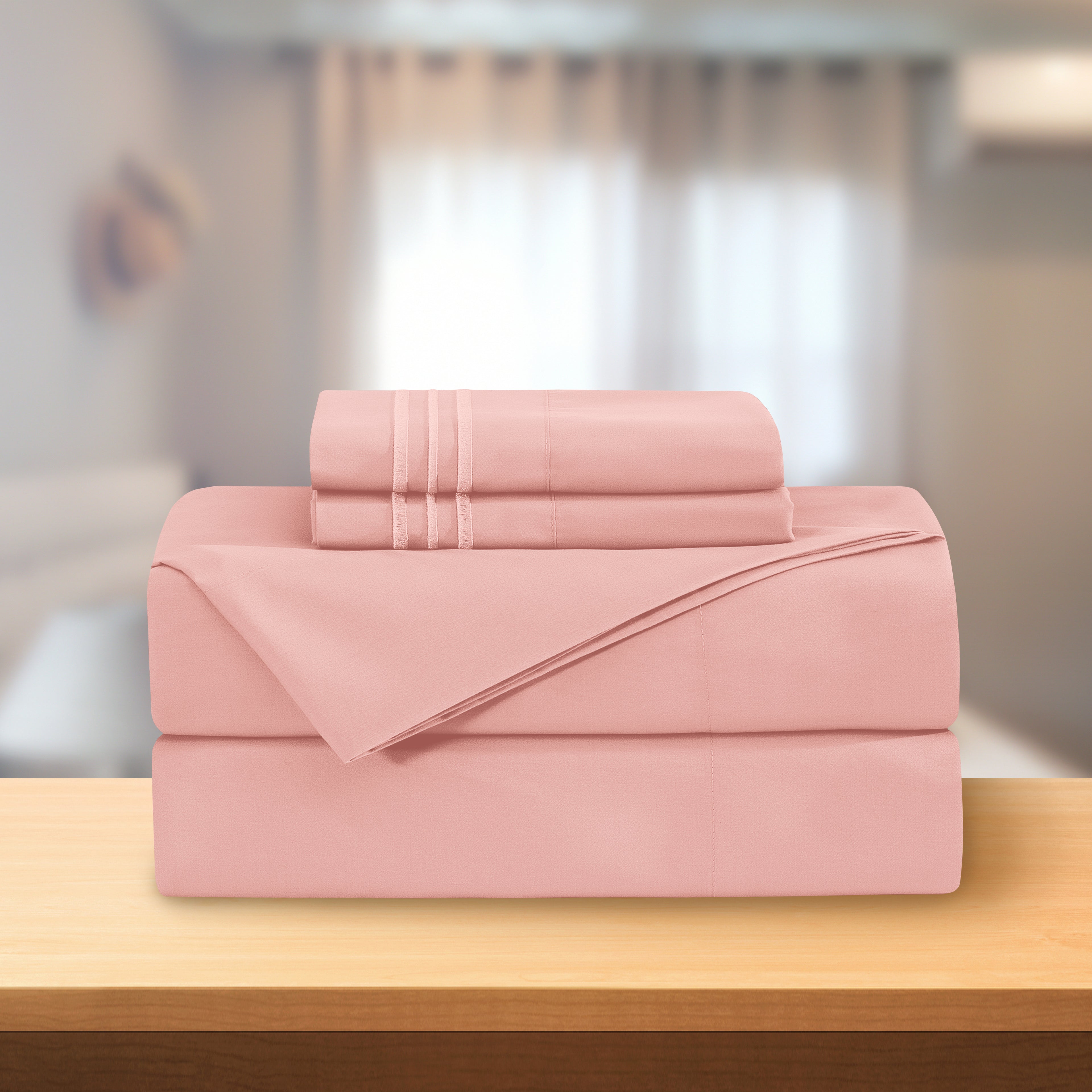 Essential Solid 3 Line Embroidery - Soft as a Hotel Premium Quality, 4-Piece Sheet Set, Bright Shades