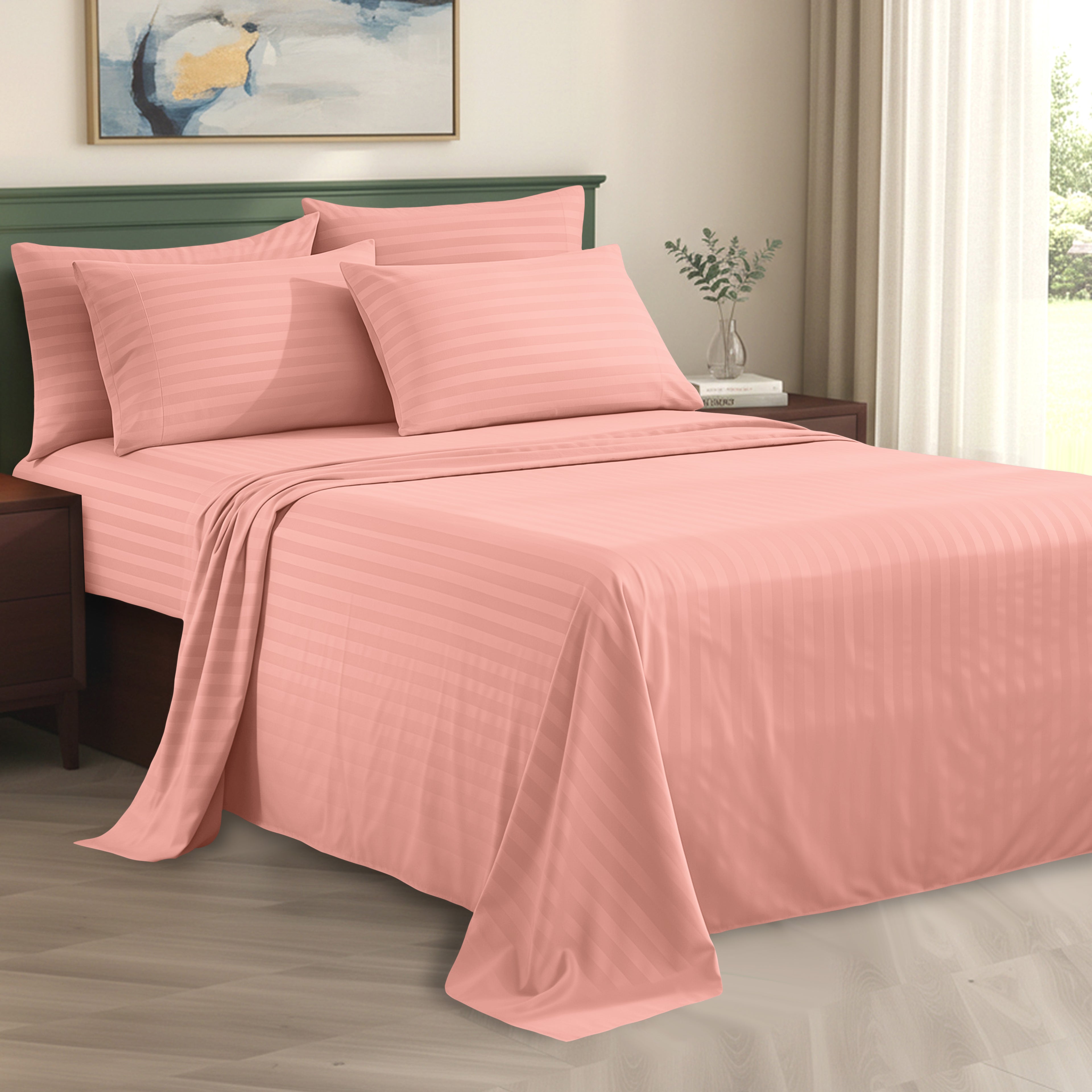 6-Piece Dobby Stripe Printed Bed Sheet Set- Soft as a Hotel Premium Quality