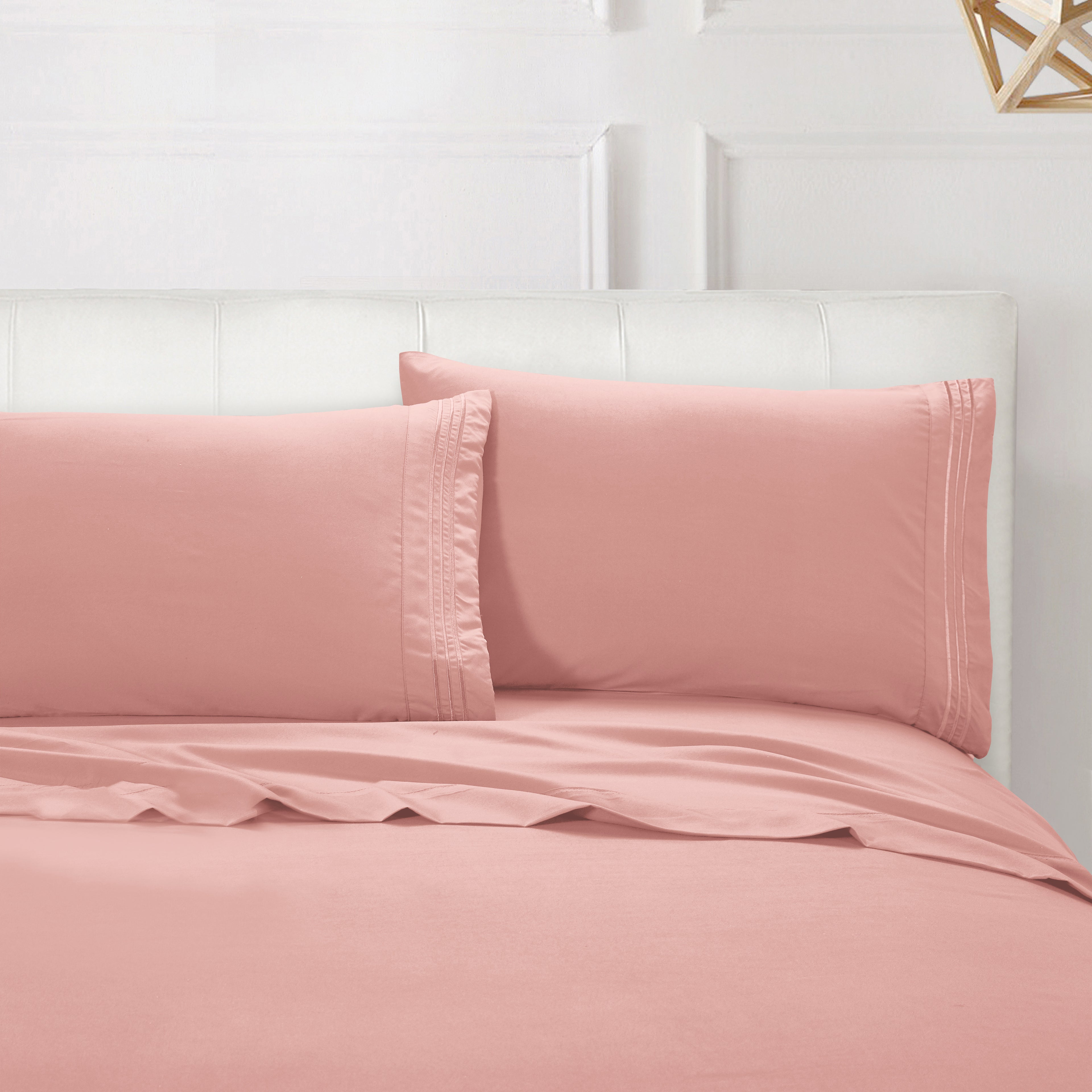 Essential Solid 3 Line Embroidery - Soft as a Hotel Premium Quality, 4-Piece Sheet Set, Bright Shades