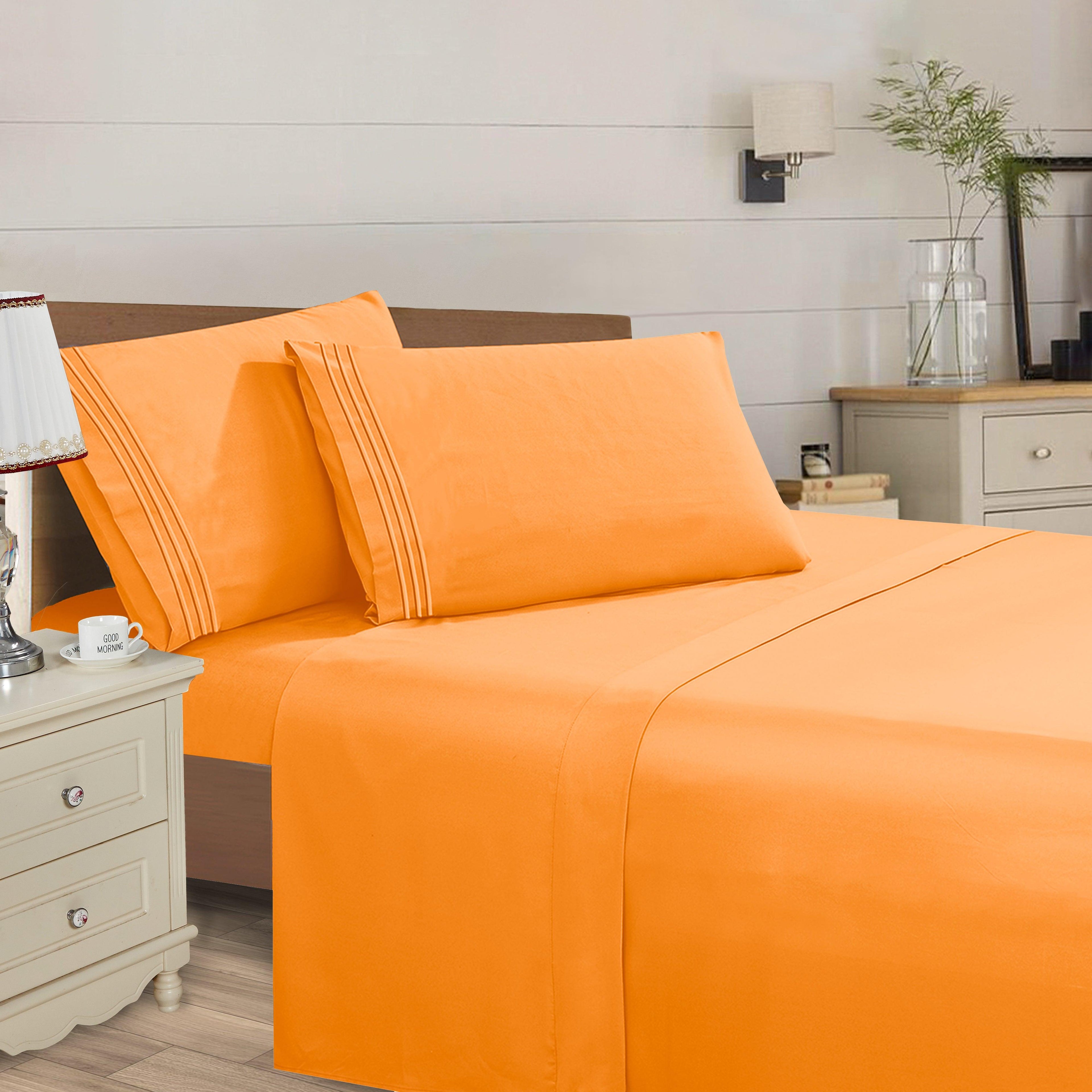 Essential Solid 3 Line Embroidery - Soft as a Hotel Premium Quality, 4-Piece Sheet Set, Bright Shades