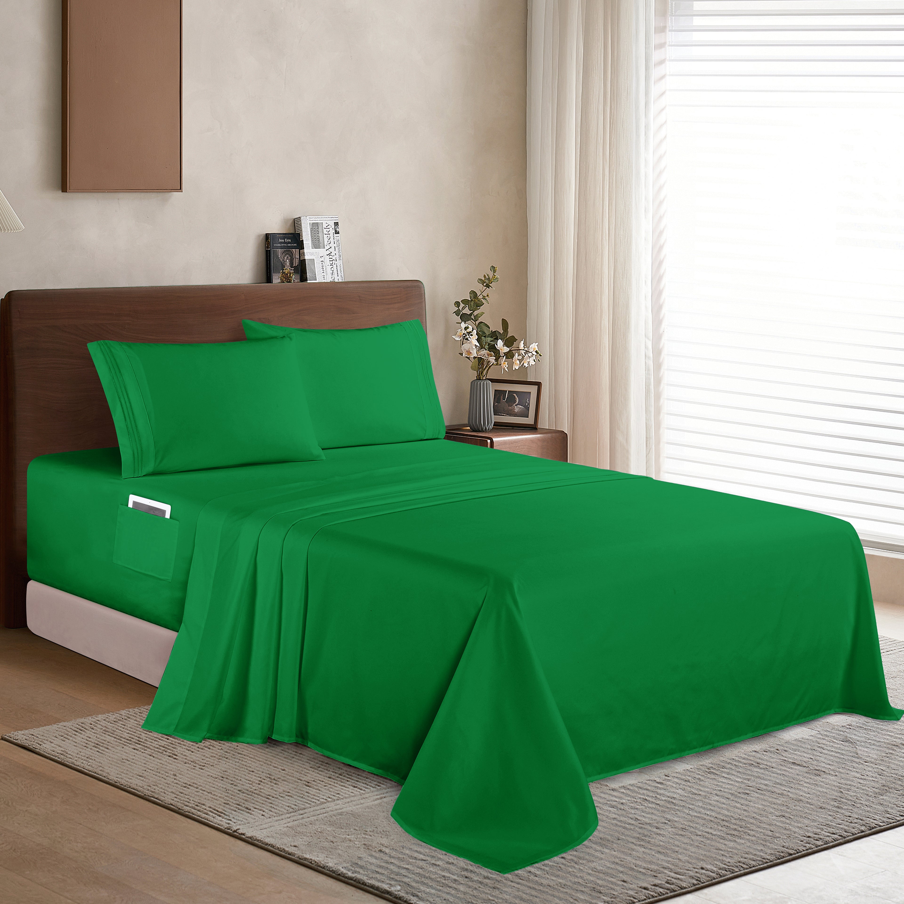 Extra deep 18-24 Inch Pocket 3 Line Embroidery, 4-Piece Sheet Set, Bright Shades