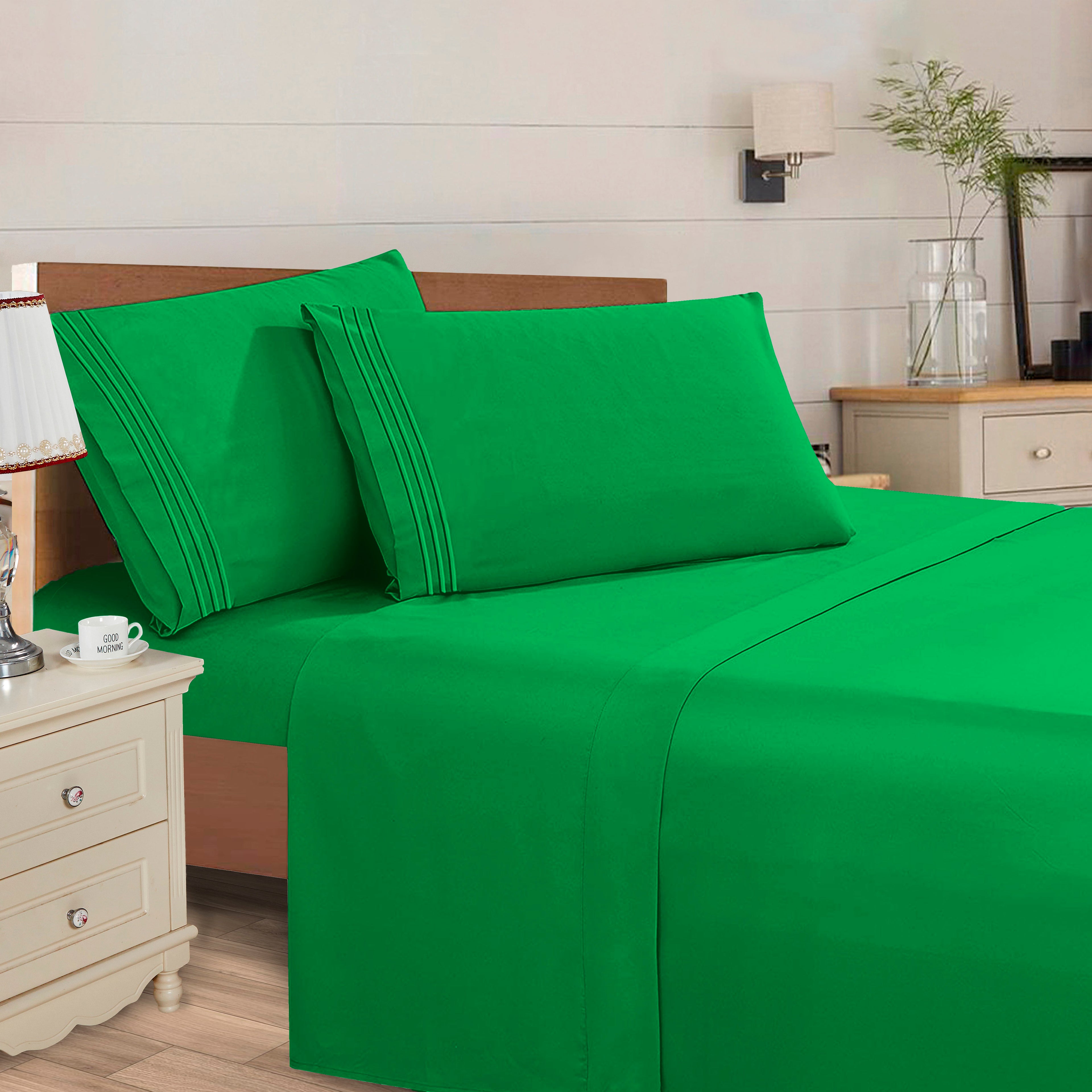 Essential 4-Piece 3-Line Embroidery Sheet Set, Soft as a Hotel Premium Quality,  Moody Shades