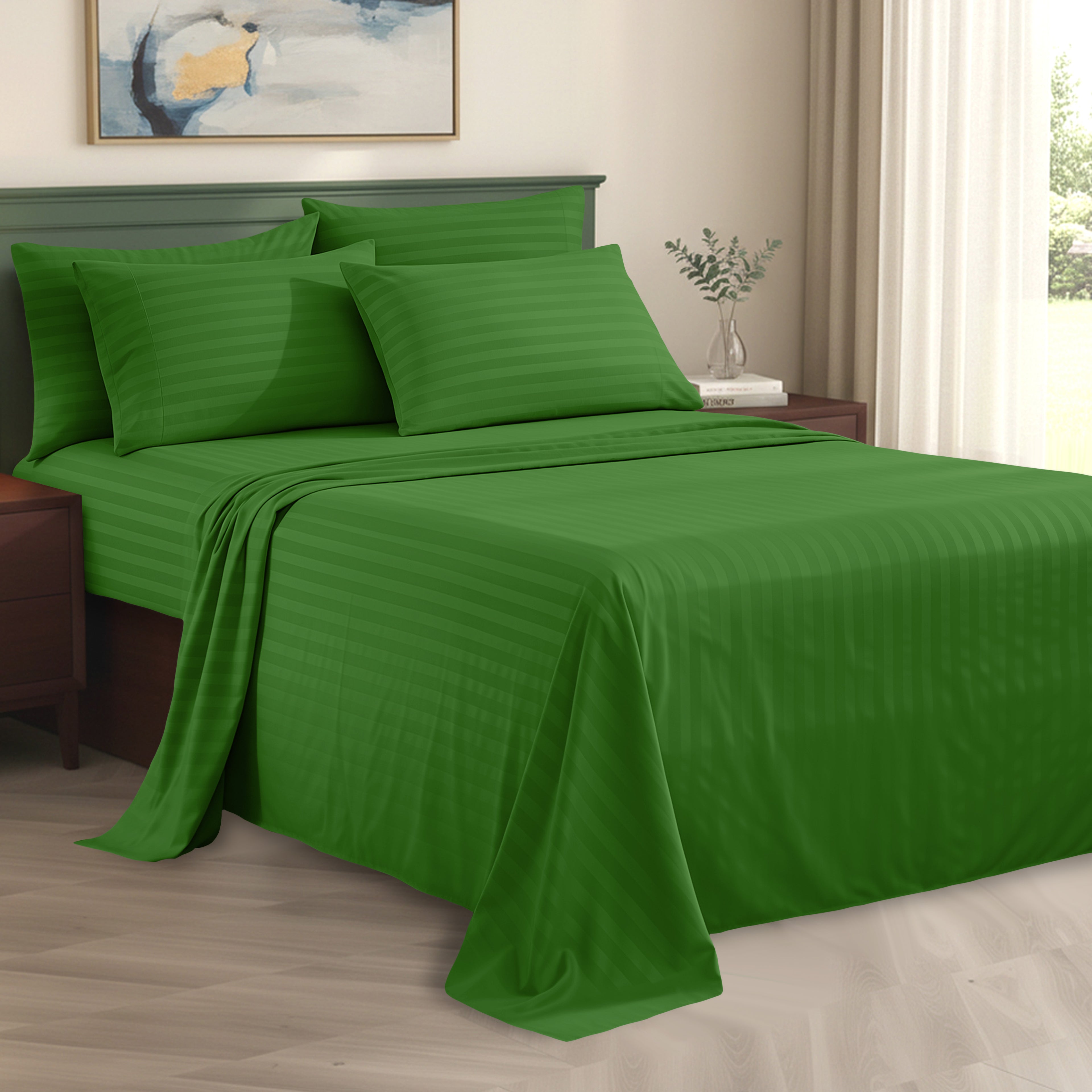 6-Piece Dobby Stripe Printed Bed Sheet Set- Soft as a Hotel Premium Quality