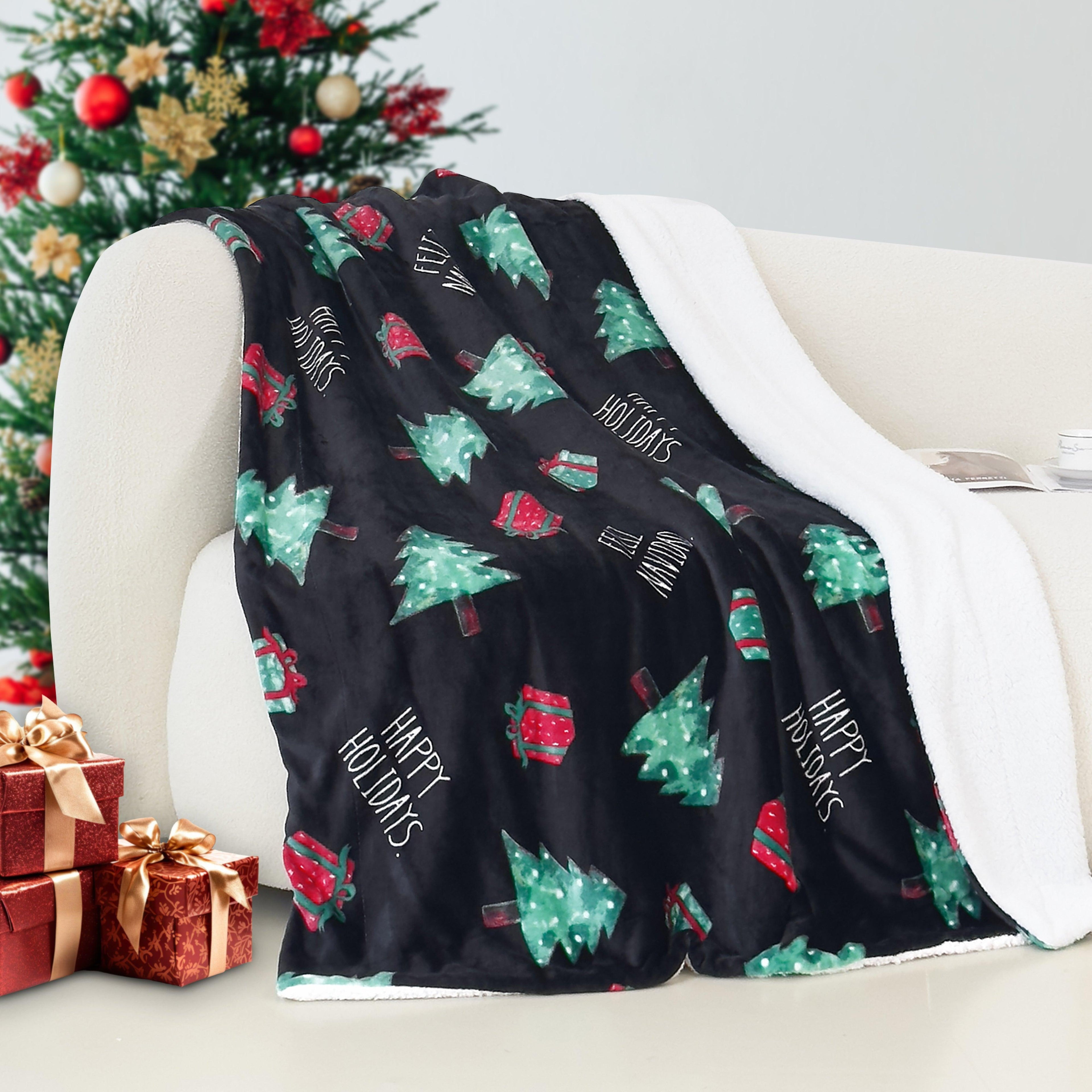 Christmas Sherpa Throw with Flannel Fleece - 50 x 60 inches