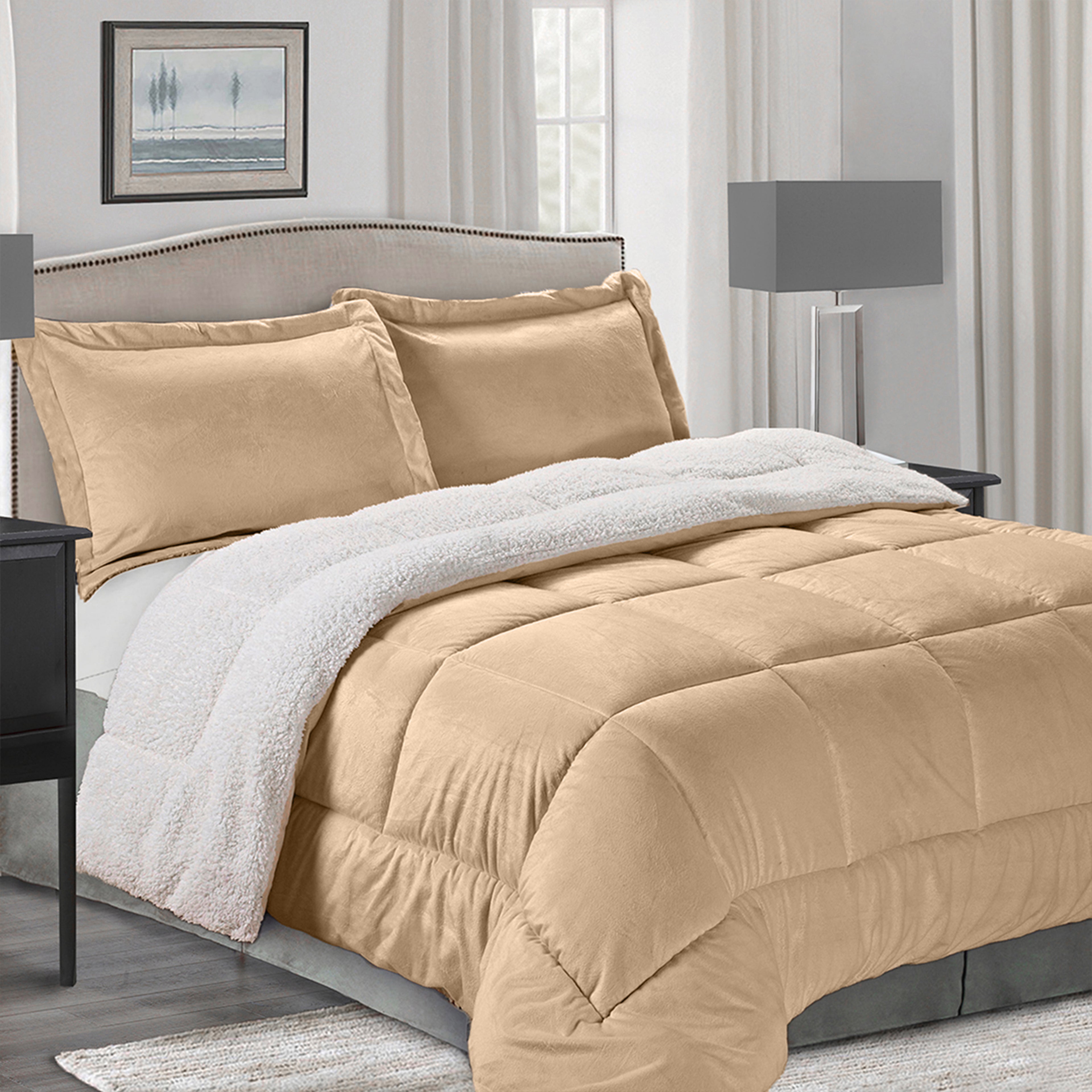 3-Piece Micro-Suede Reversible Sherpa - Solid Color Design Comforter Set