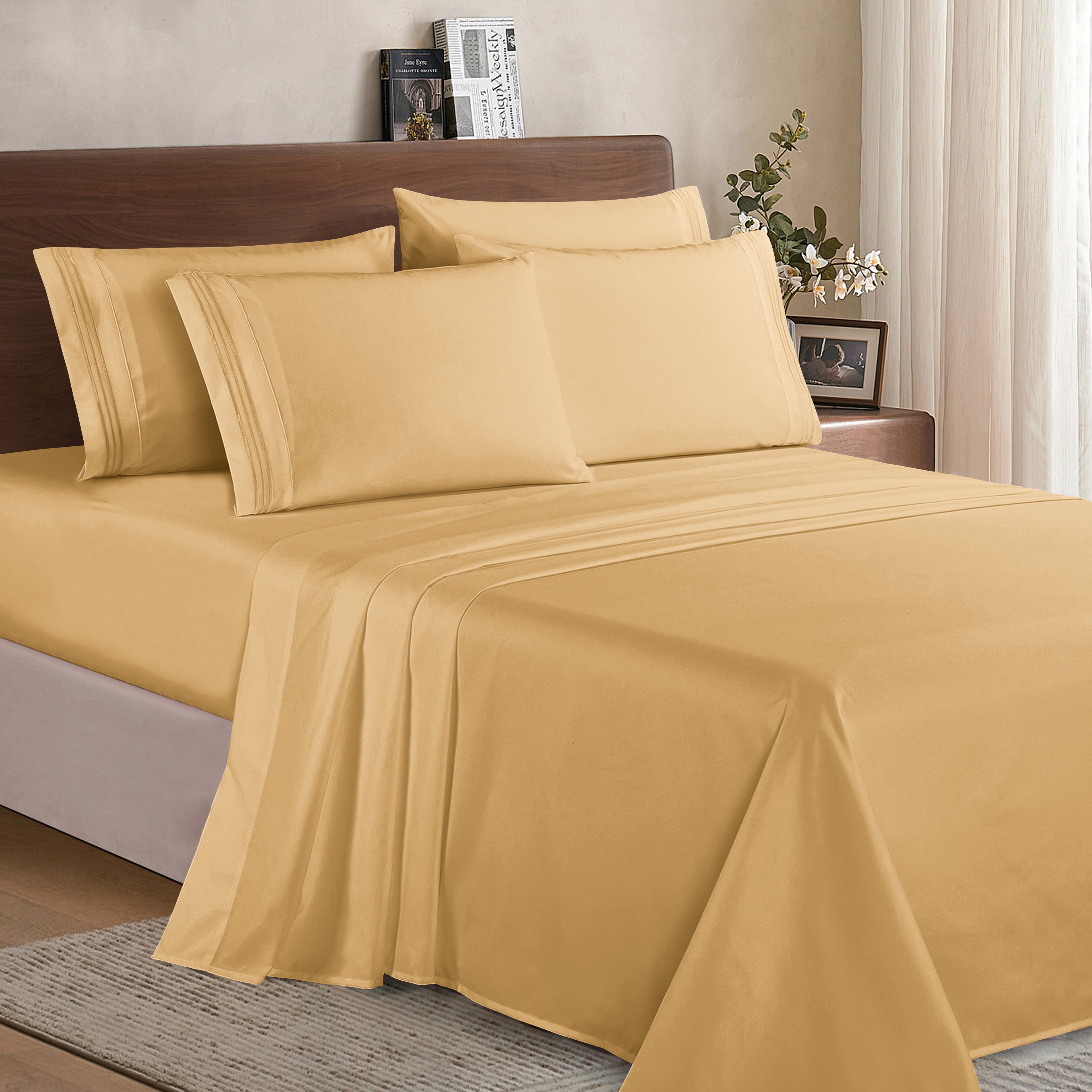 Essential 6-Piece 3-Line Embroidery Sheet Set, Soft as a Hotel Premium Quality, Bright Shades