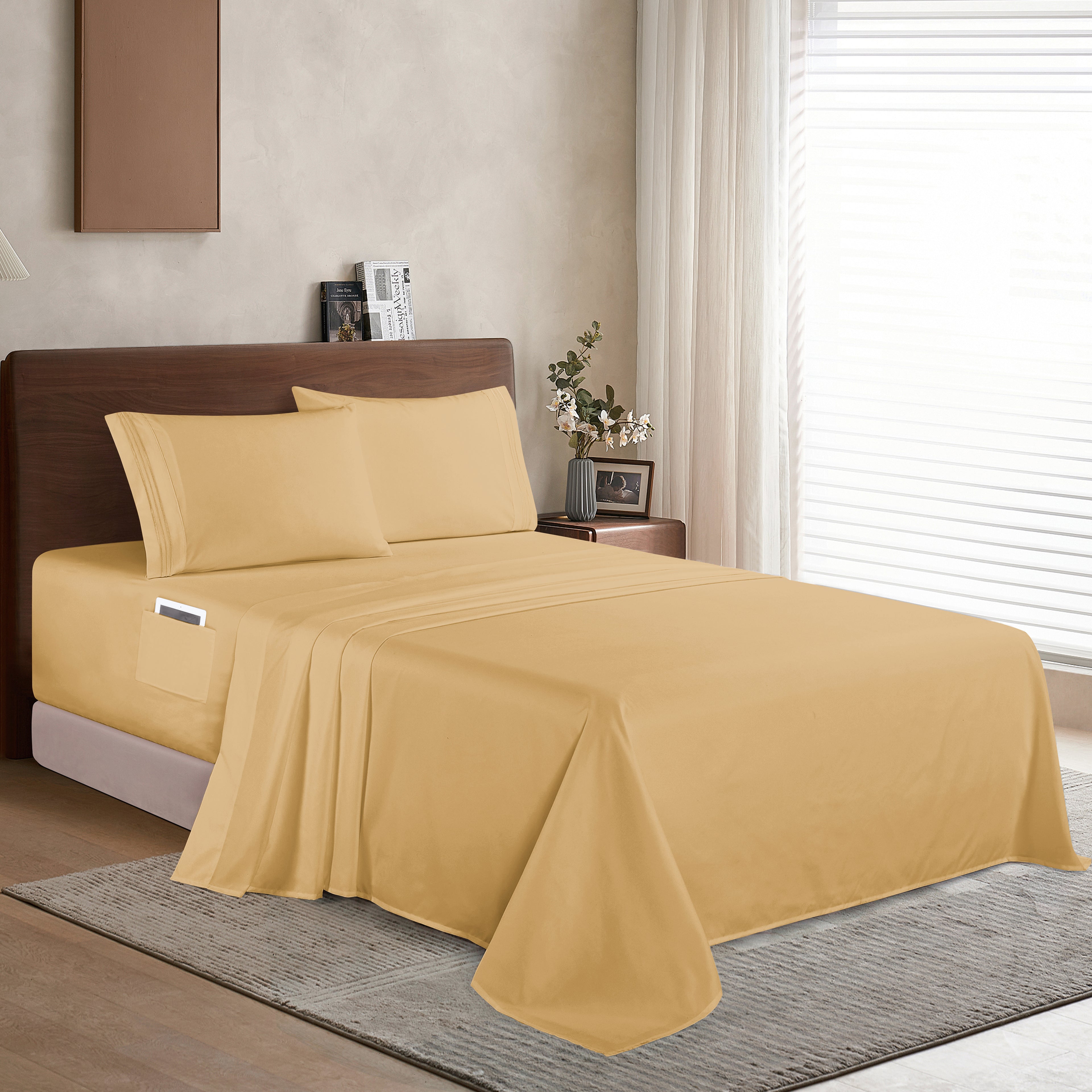 Extra deep 18-24 Inch Pocket 3 Line Embroidery, 4-Piece Sheet Set, Bright Shades