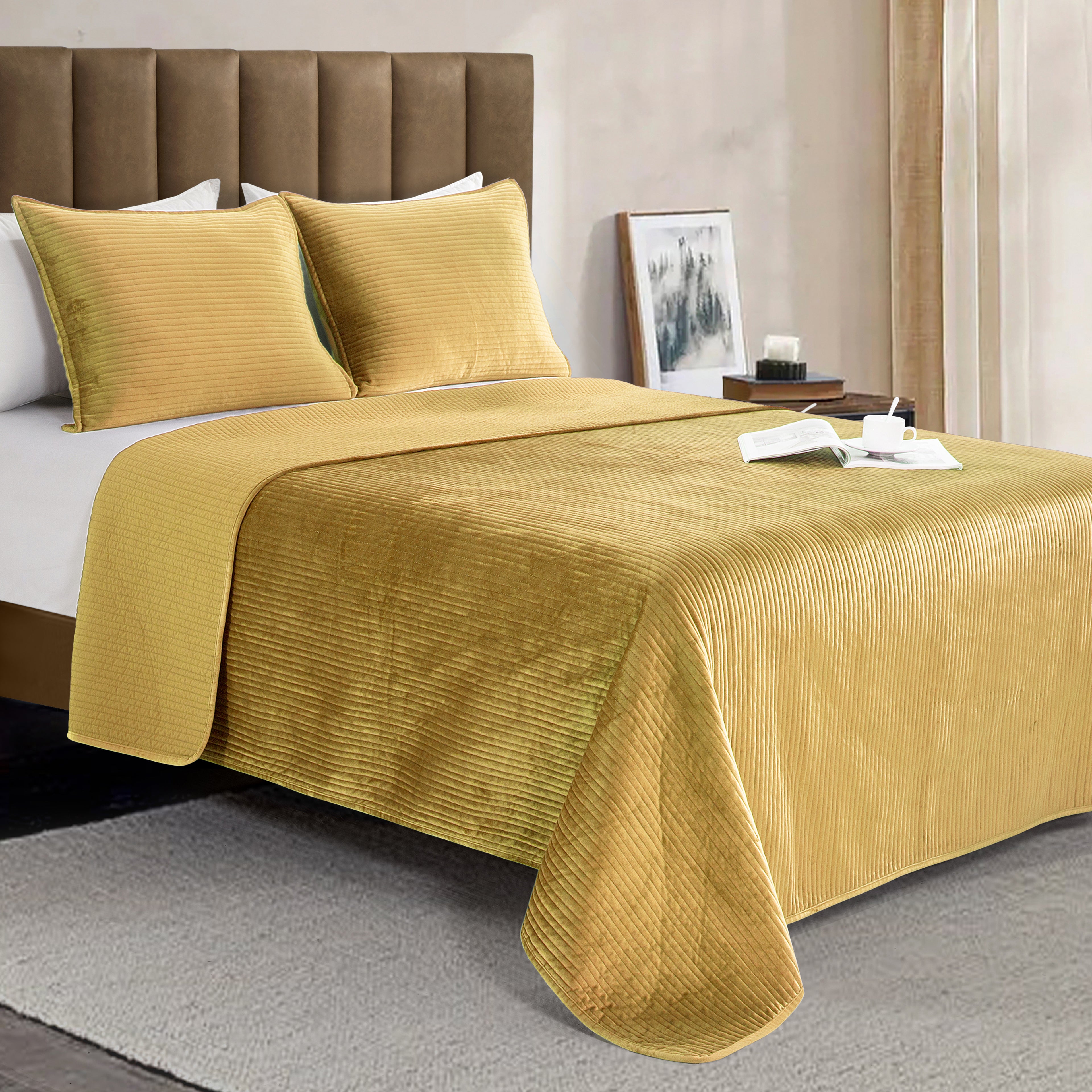 3-Piece Velvet Corduroy Stripe Quilted Bedspread Coverlet Set