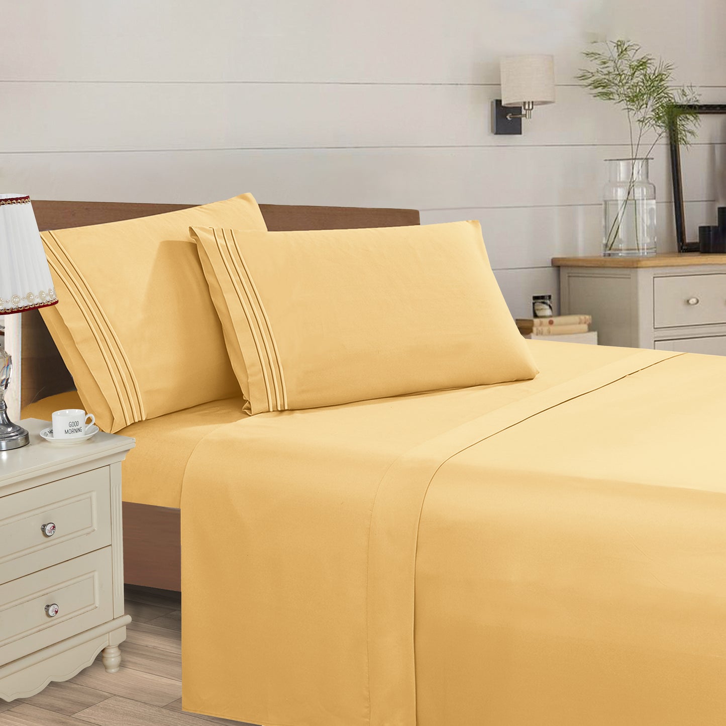 Elegant Comfort Essential Solid 3 Line Embroidery - Soft as a Hotel Premium Quality, 4-Piece Sheet Set, Bright Shades