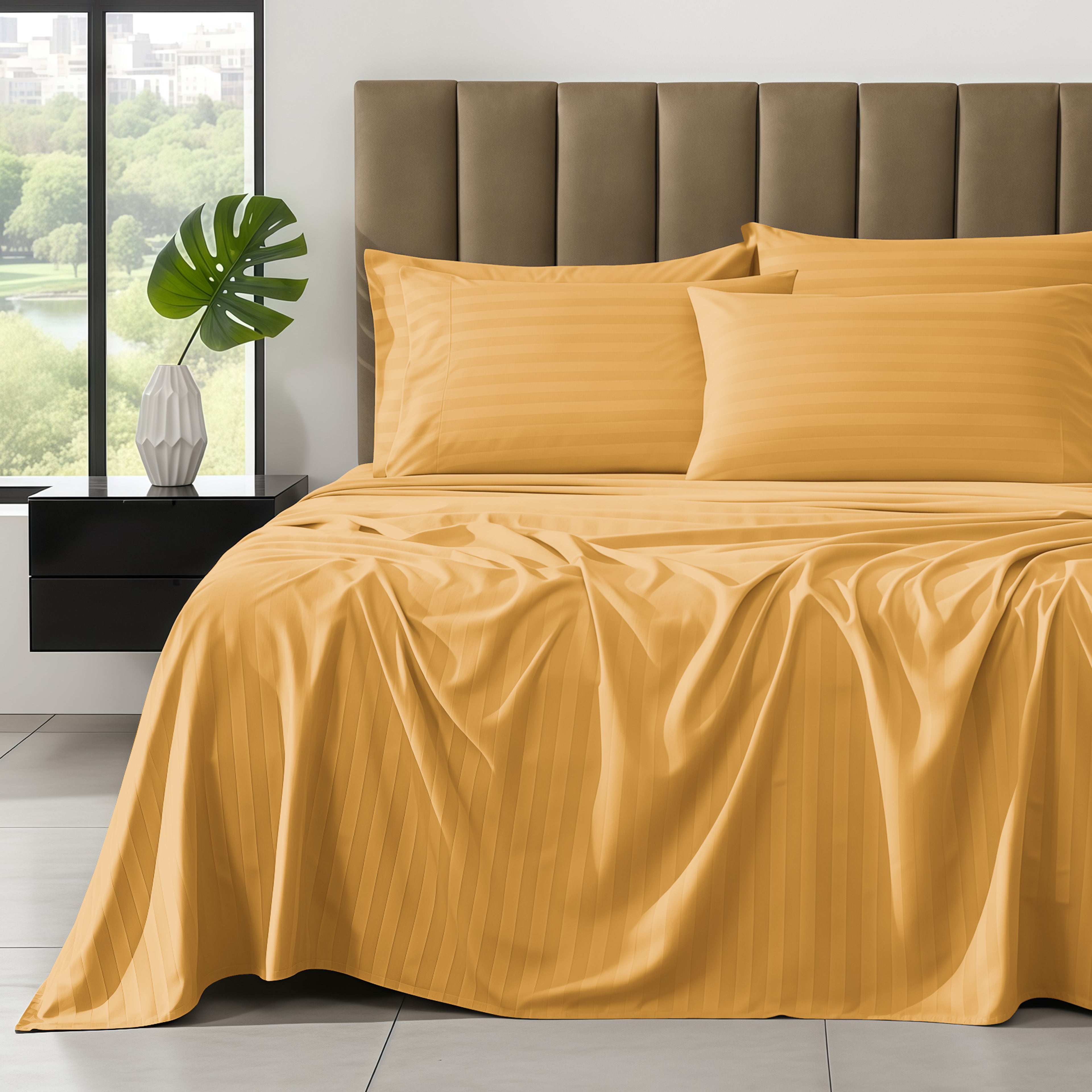 6-Piece Dobby Stripe Printed Bed Sheet Set- Soft as a Hotel Premium Quality