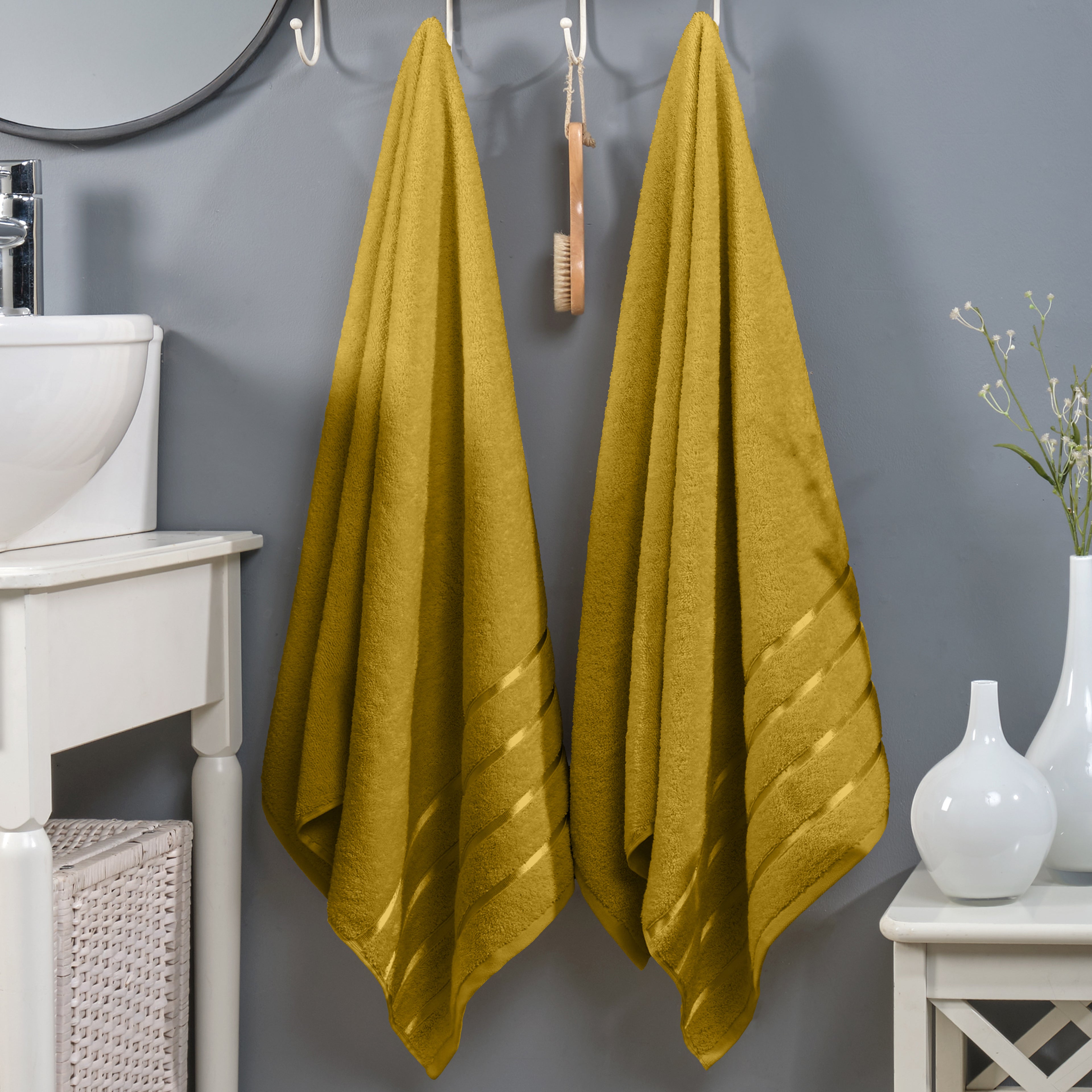 2-Pack Premium Turkish Cotton 4 Lines Stripe Bath Towel Set, 27 x 54 inch