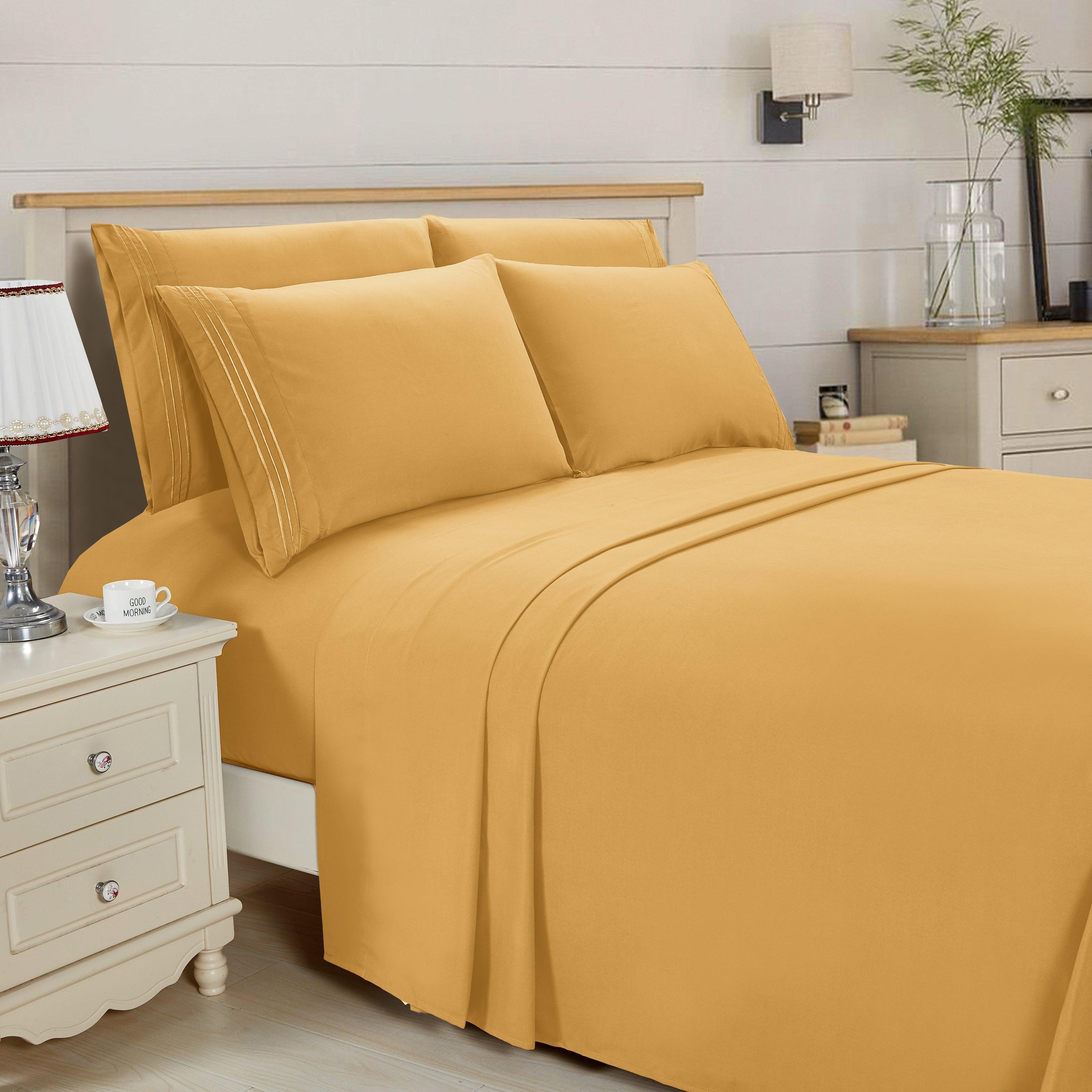 Essential 6-Piece 3-Line Embroidery Sheet Set, Soft as a Hotel Premium Quality, Bright Shades