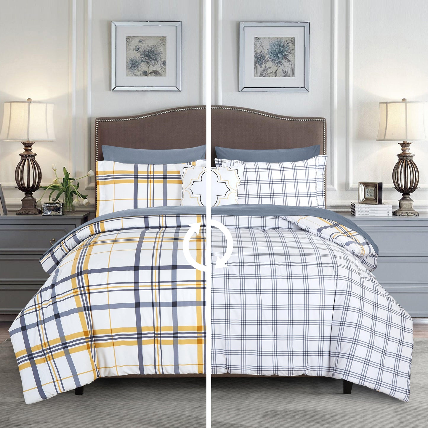 Elegant Comfort 8-Piece Lodge Plaid and Patch Reversible Comforter Set - Includes 4-Piece Sheet Set with Double Sided Storage Pockets