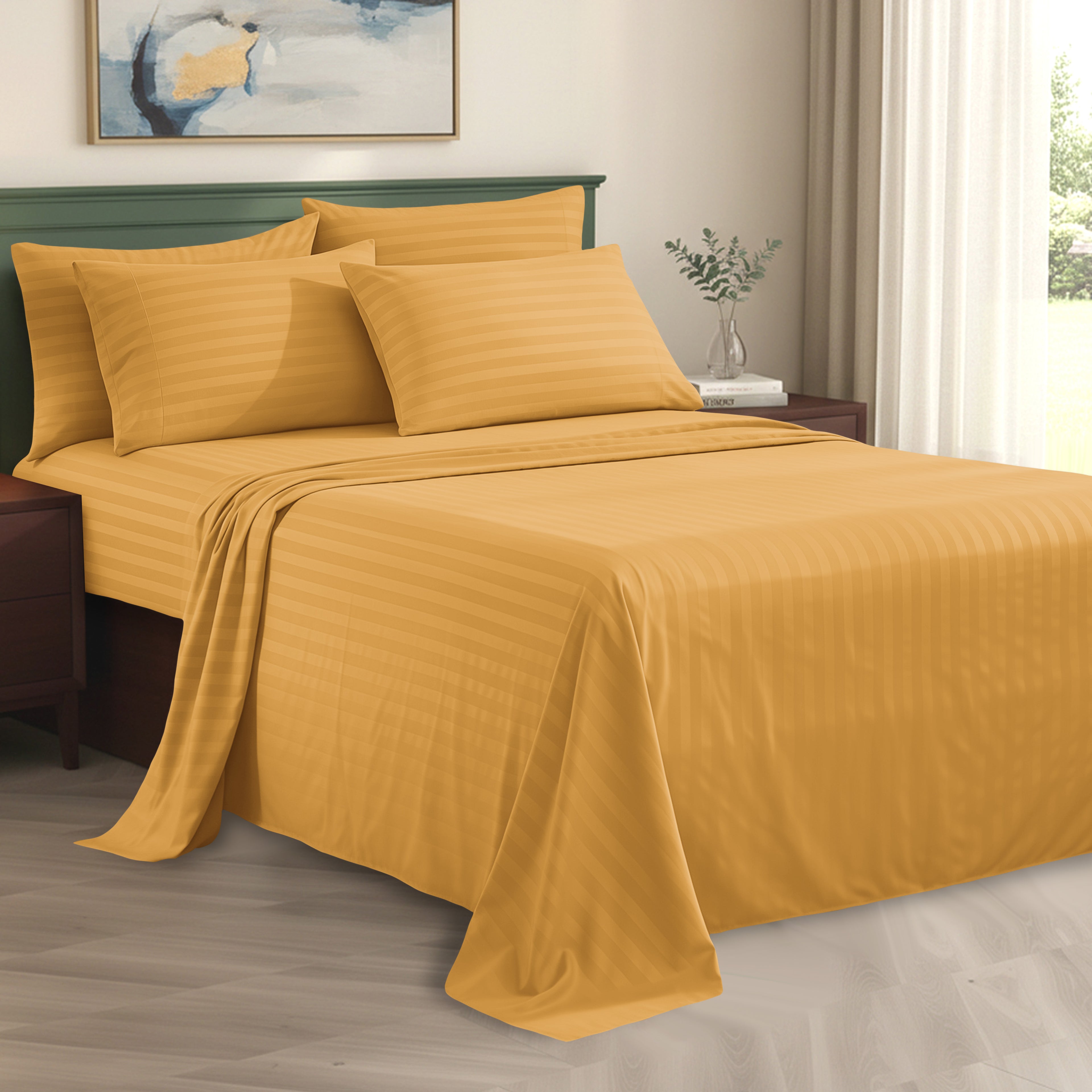 6-Piece Dobby Stripe Printed Bed Sheet Set- Soft as a Hotel Premium Quality
