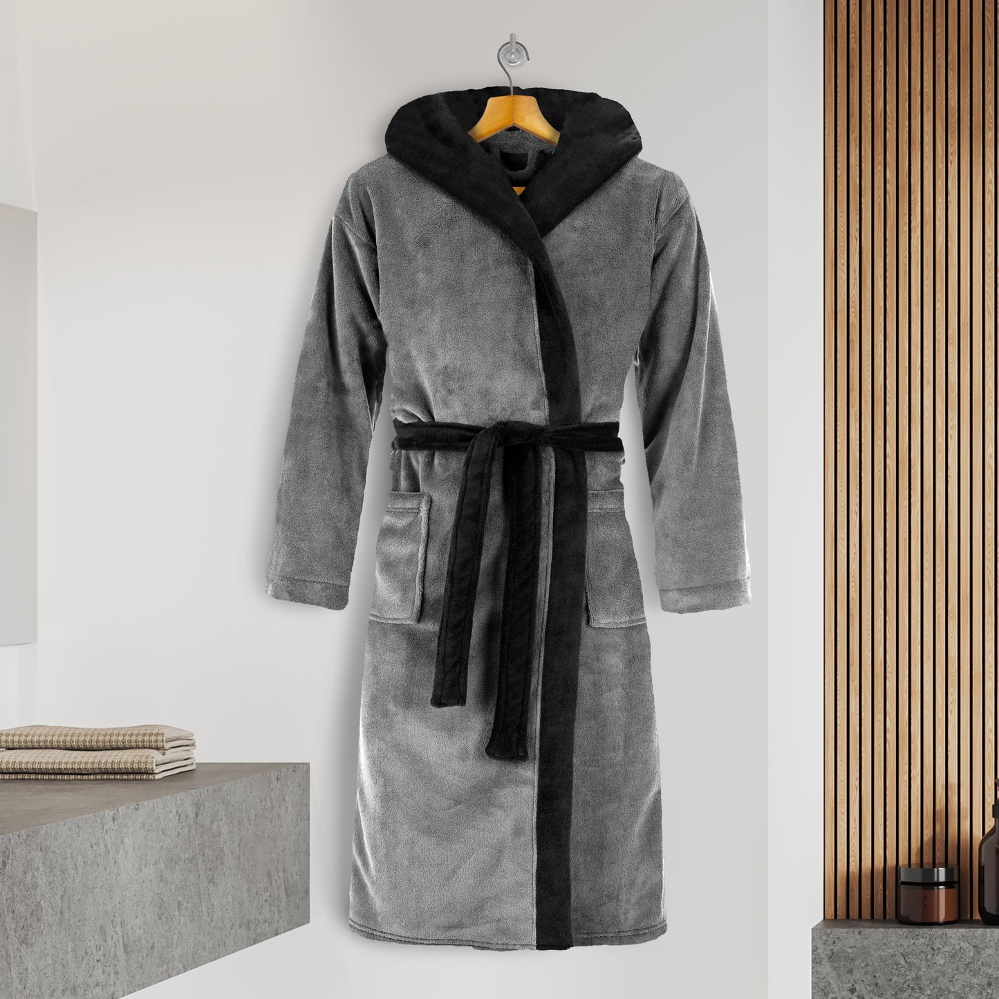 Elegant Comfort Men Hooded Velvet Fleece Long Bathrobe