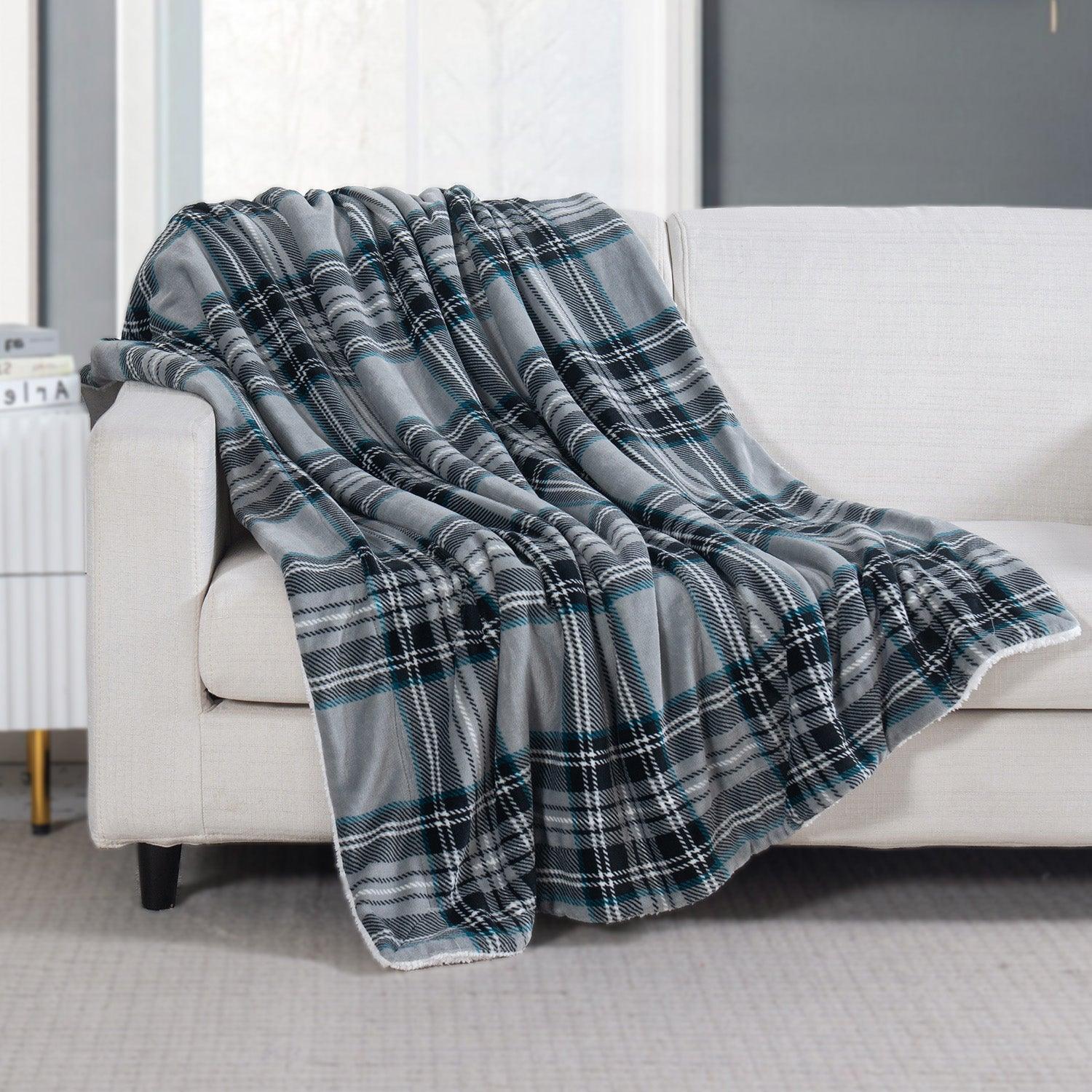 Plaid Sherpa Throw 50" x 60" Flannel Fleece Sherpa Back Plaid Pattern Throw Blankets