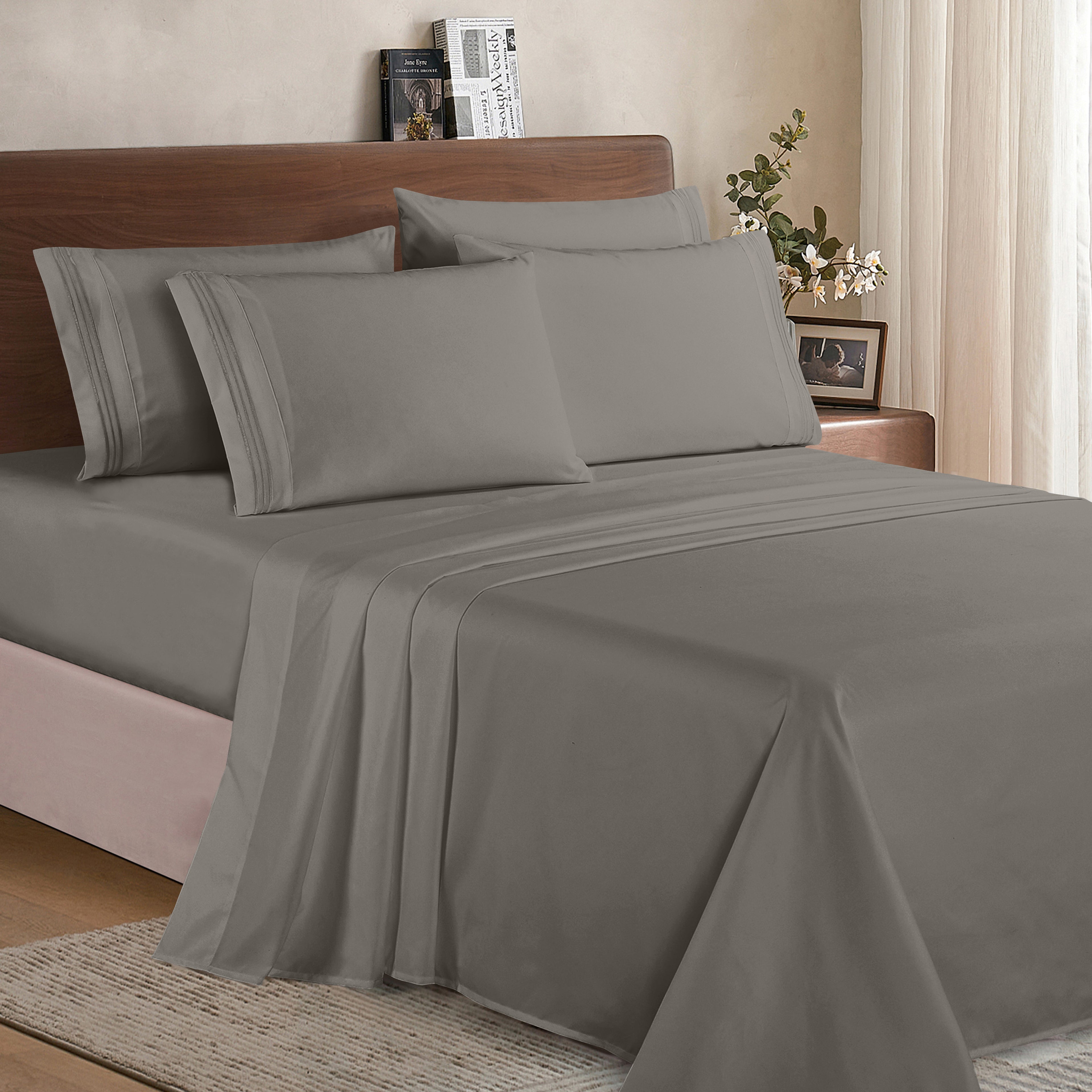 Essential 6-Piece 3-Line Embroidery Sheet Set, Soft as a Hotel Premium Quality,  Moody Shades