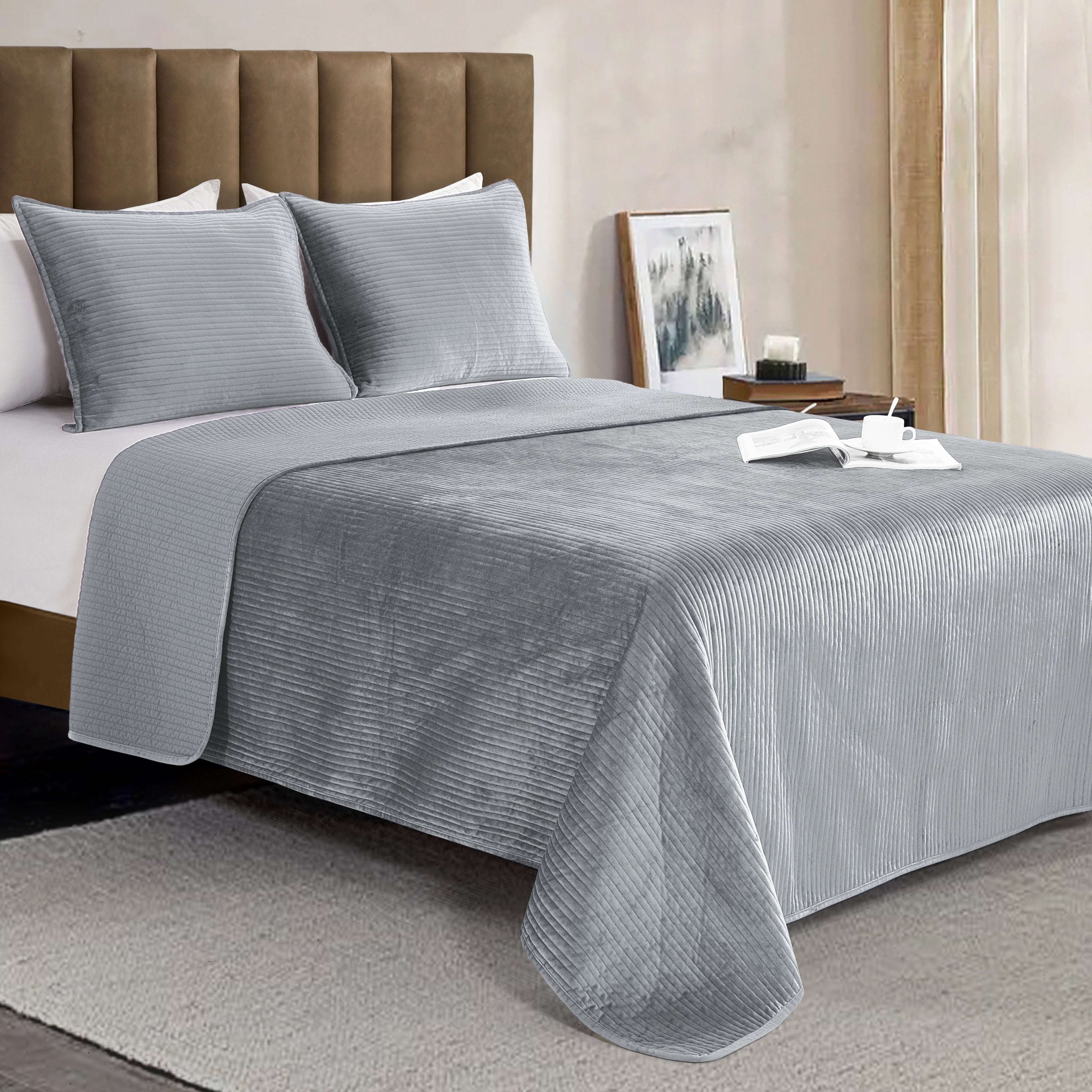 3-Piece Velvet Corduroy Stripe Quilted Bedspread Coverlet Set