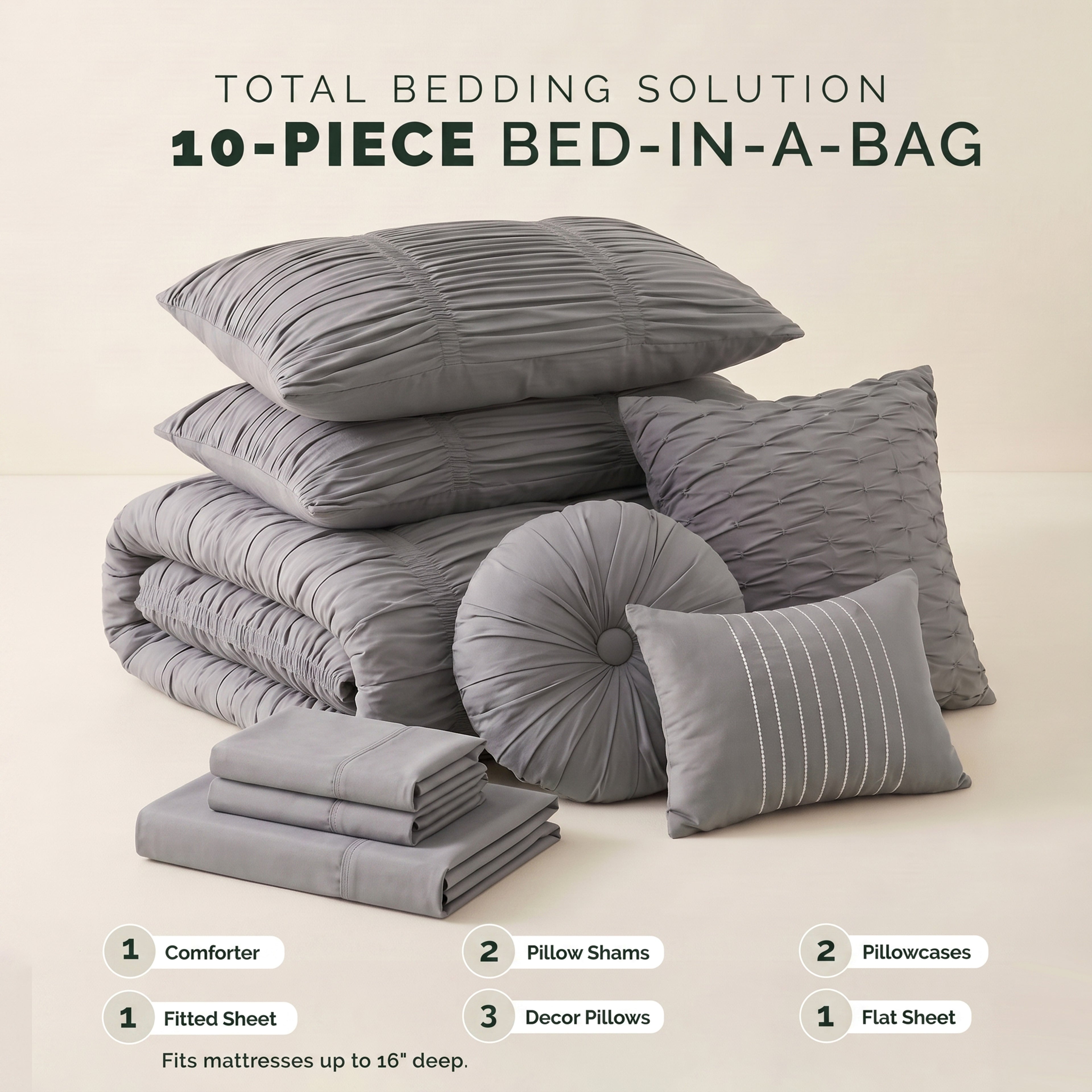10-Piece Pleated Comforter Set - Includes 4-Piece Sheet Set with Double Sided Storage Pockets