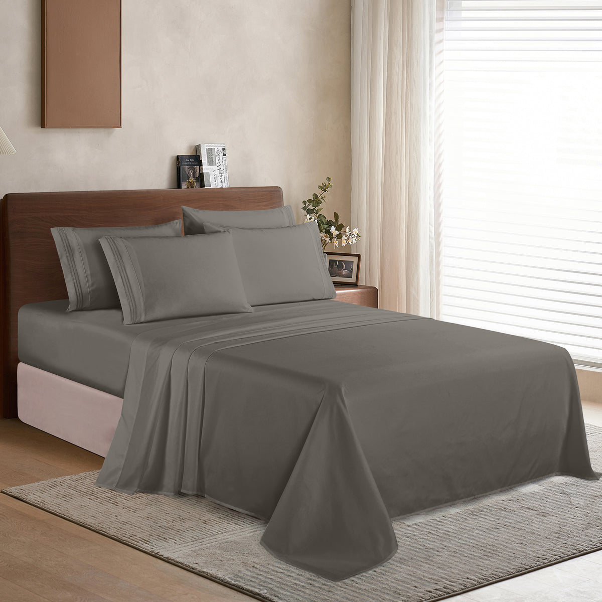 Essential 6-Piece 3-Line Embroidery Sheet Set, Soft as a Hotel Premium Quality,  Moody Shades
