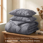 Pinch Pleated Pintuck Pattern, 3-Piece Duvet Cover Set - Features Corner Ties