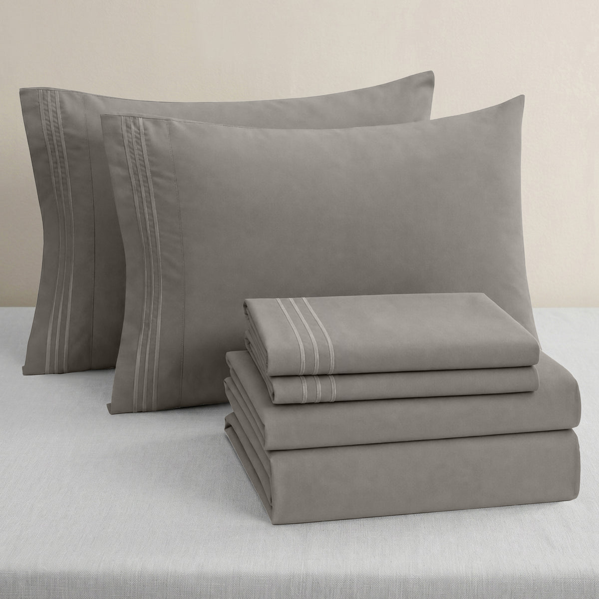 Essential 6-Piece 3-Line Embroidery Sheet Set, Soft as a Hotel Premium Quality,  Moody Shades