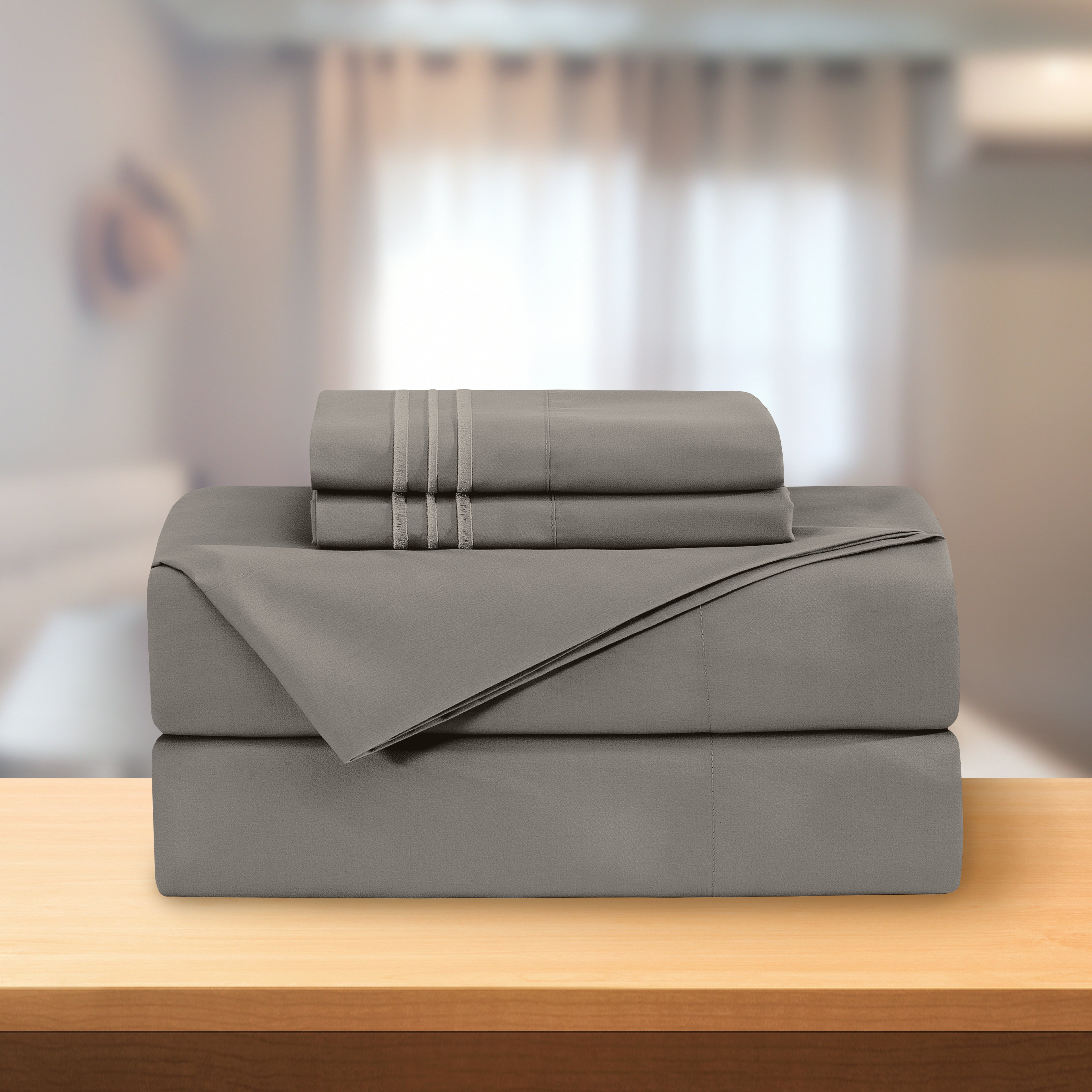 Essential 4-Piece 3-Line Embroidery Sheet Set, Soft as a Hotel Premium Quality,  Moody Shades