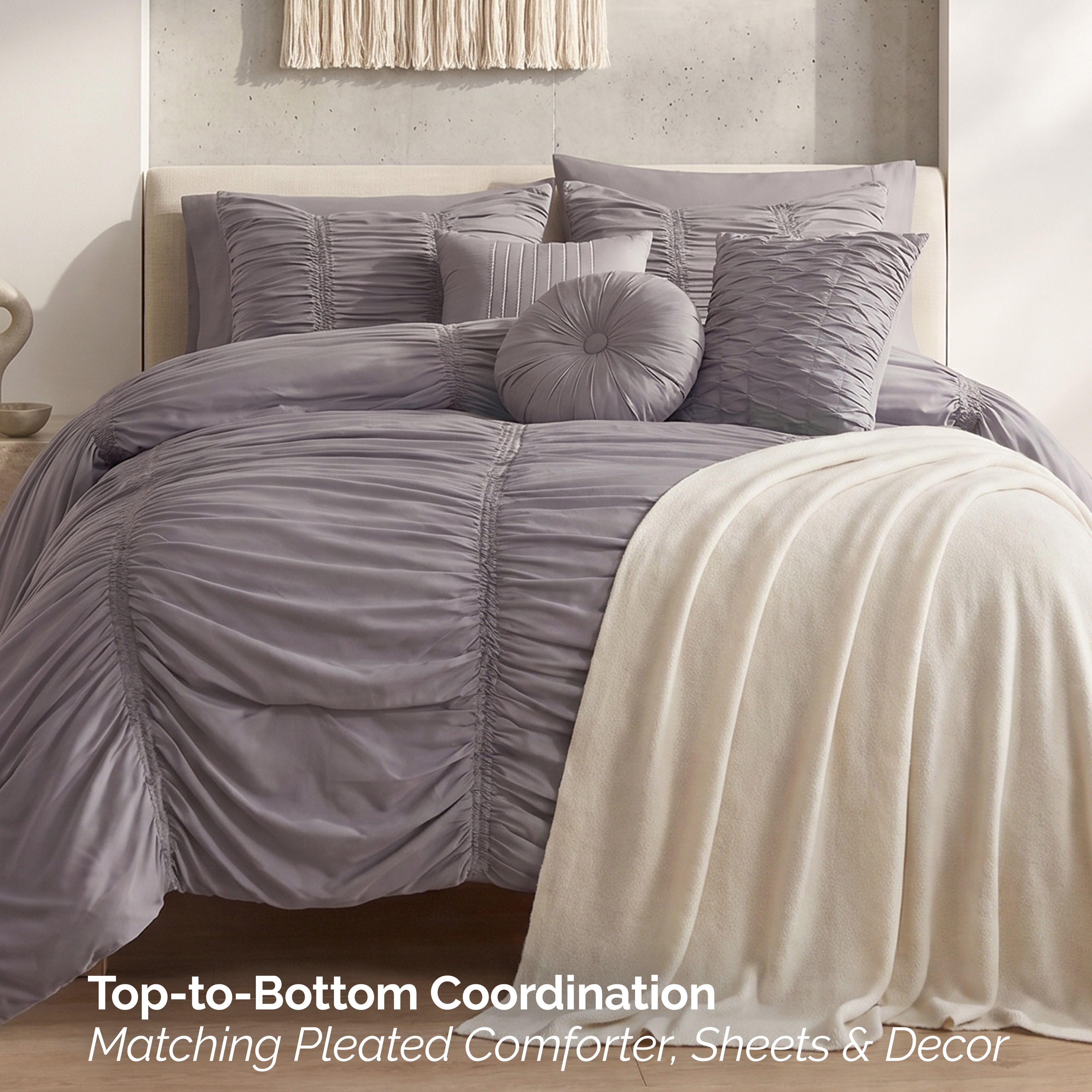 10-Piece Pleated Comforter Set - Includes 4-Piece Sheet Set with Double Sided Storage Pockets