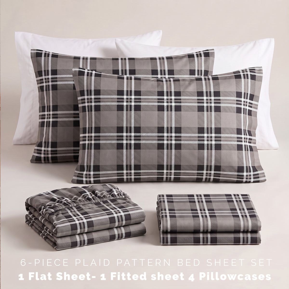 6-Piece Plaid Pattern Bed Sheet Set - Soft as a Hotel Premium Quality