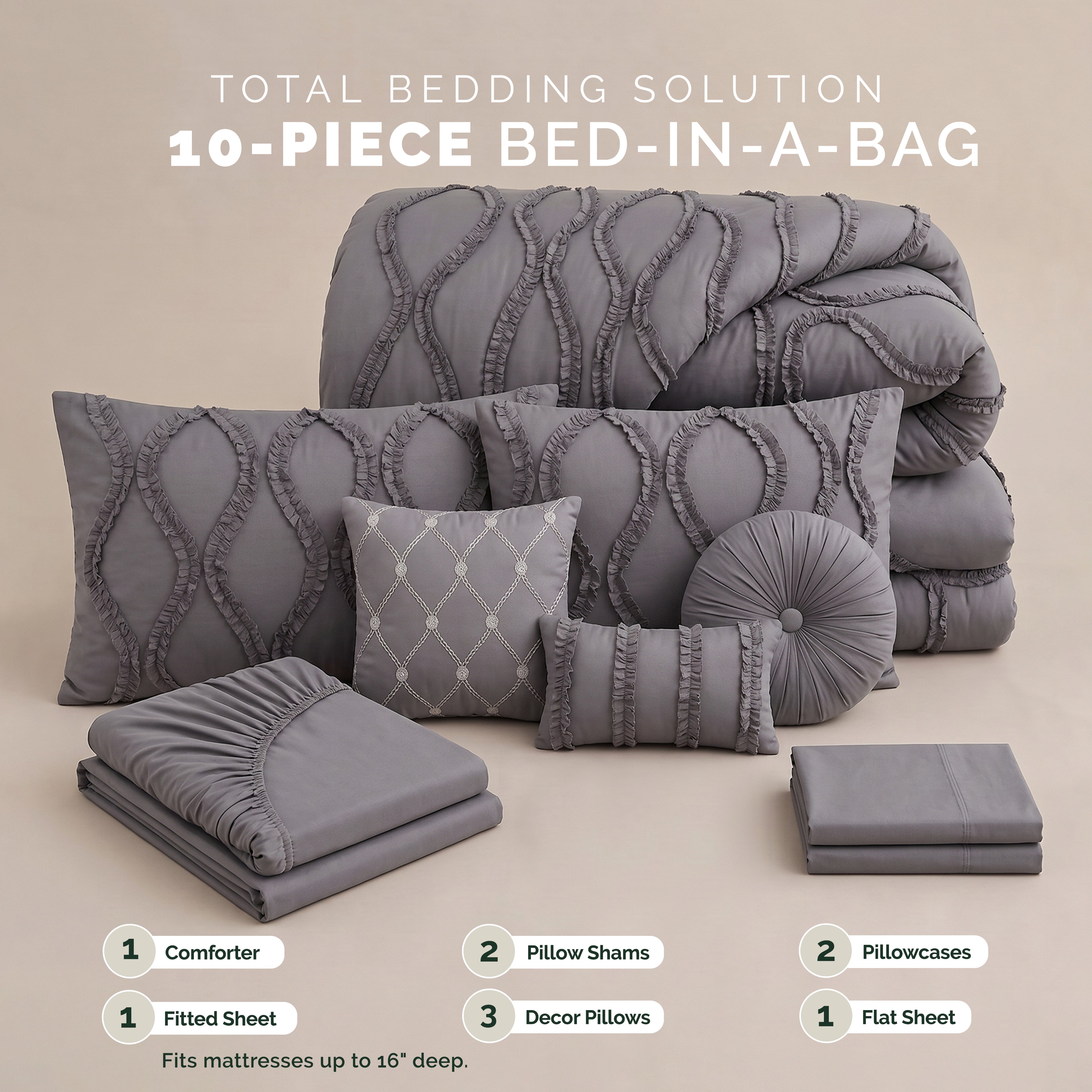 10-Piece Infinity Design Comforter Set - Includes 4-Piece Sheet Set with Double Sided Storage Pockets