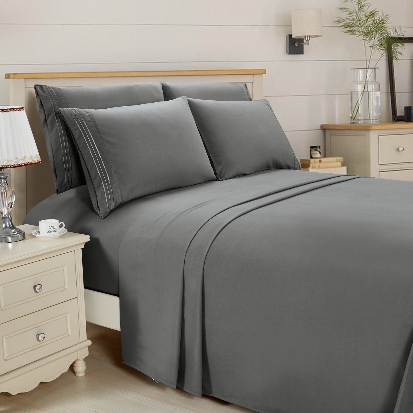 Elegant Comfort Essential 6-Piece 3-Line Embroidery Sheet Set, Soft as a Hotel Premium Quality,  Moody Shades