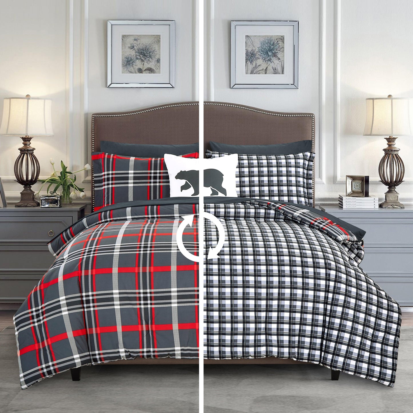 Elegant Comfort 8-Piece Lodge Plaid and Patch Reversible Comforter Set - Includes 4-Piece Sheet Set with Double Sided Storage Pockets