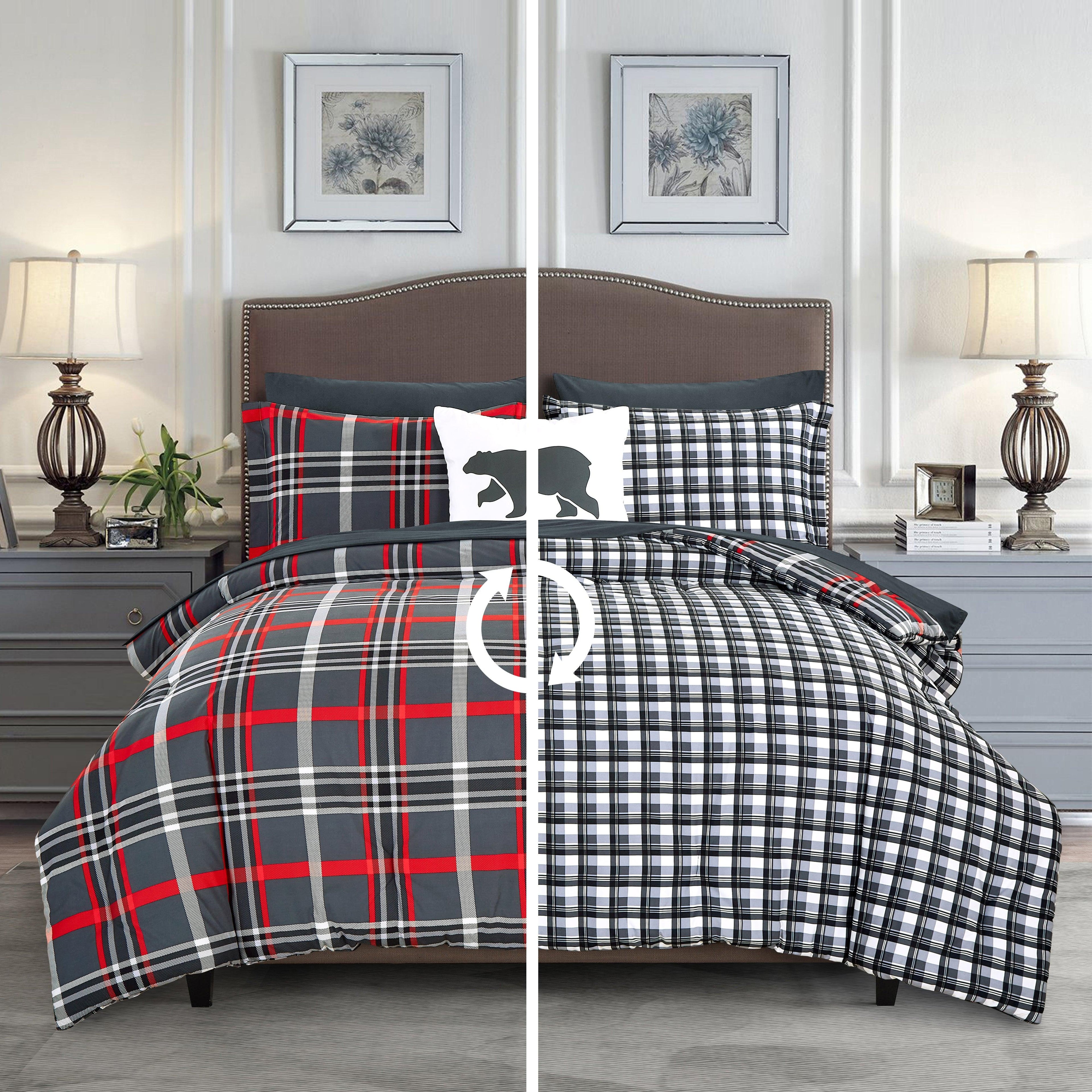 8-Piece Lodge Plaid and Patch Reversible Comforter Set - Includes 4-Piece Sheet Set with Double Sided Storage Pockets