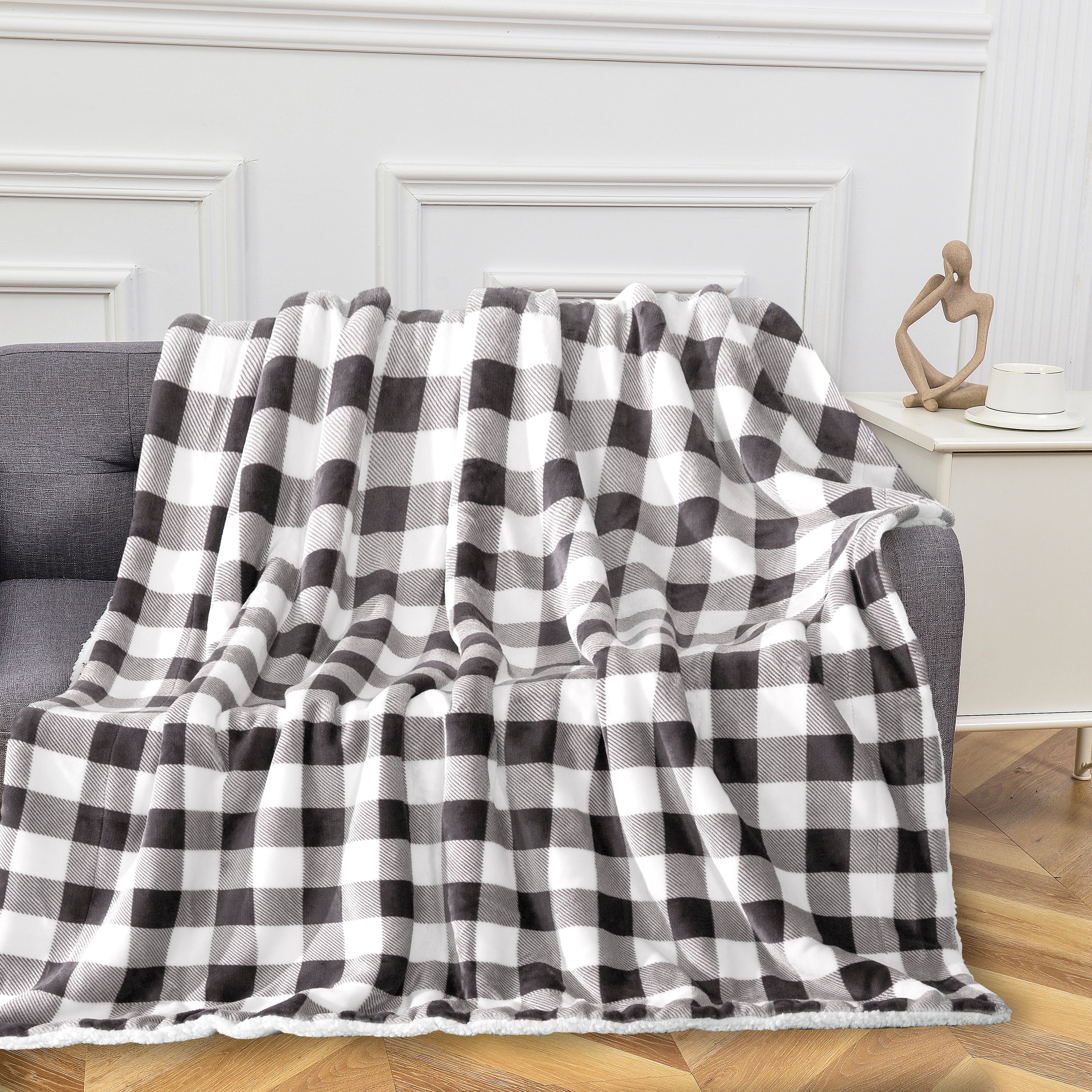 Buffalo Plaid Flannel Fleece Sherpa Throw Blanket