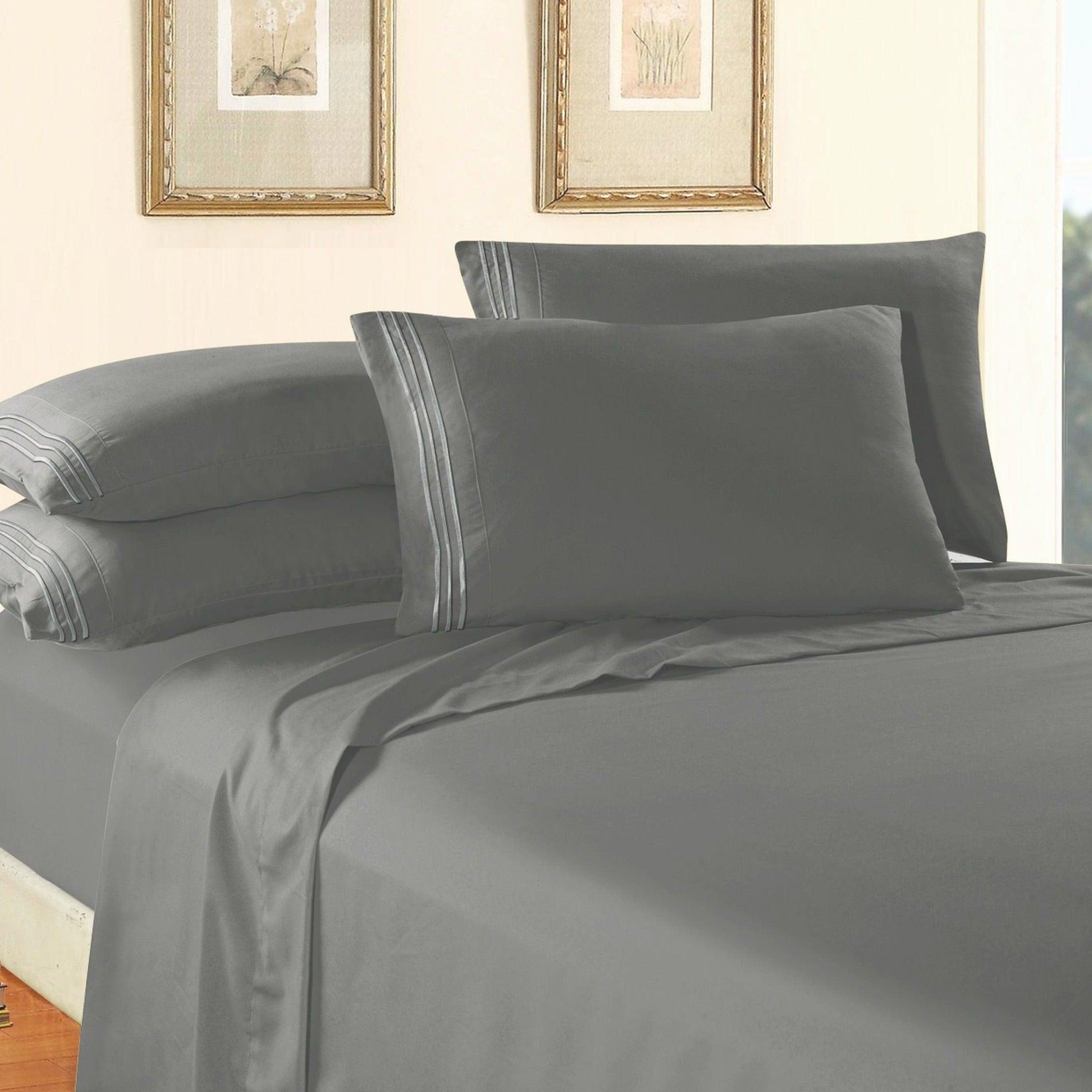 Essential 6-Piece 3-Line Embroidery Sheet Set, Soft as a Hotel Premium Quality,  Moody Shades