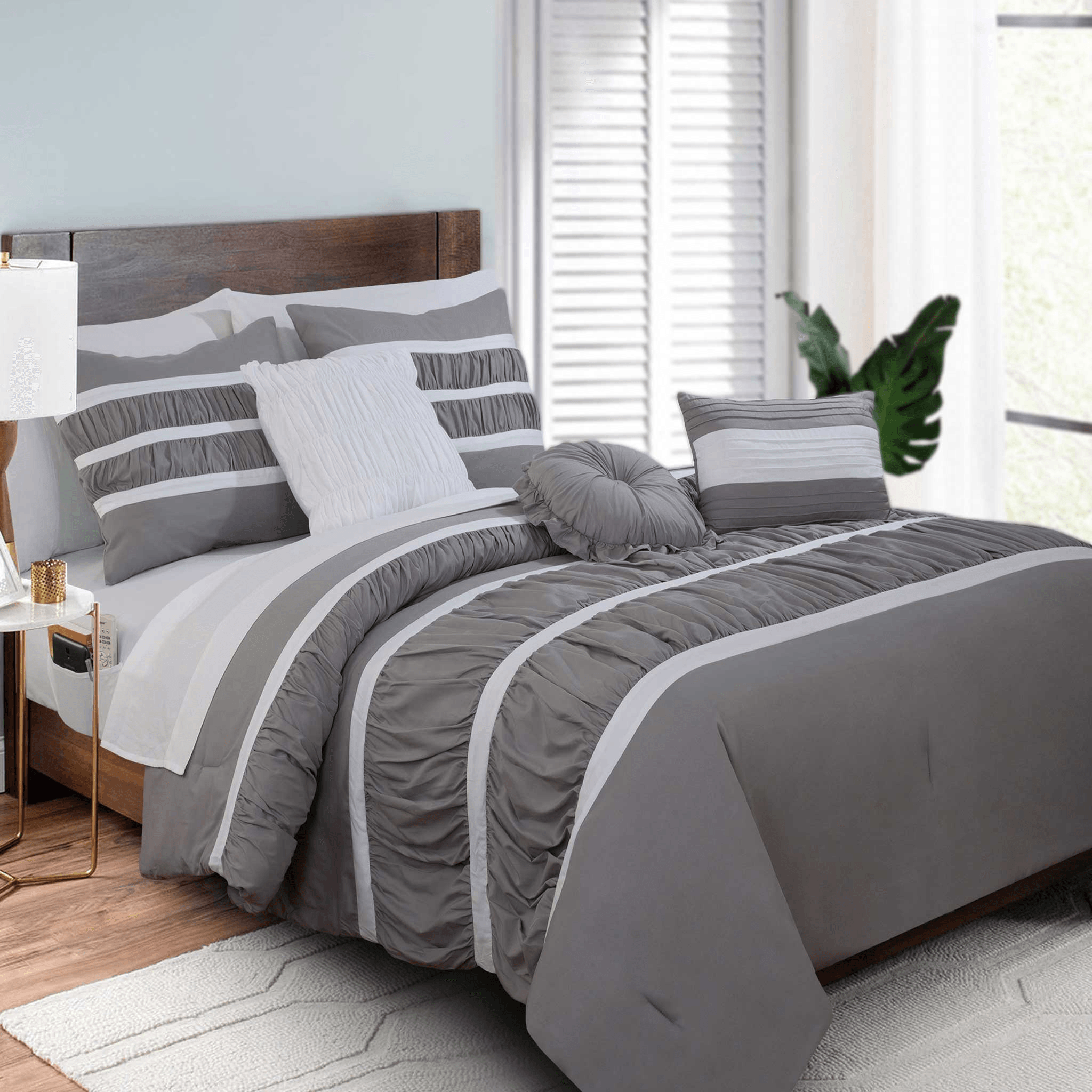 12-Piece Isabella Pleated Ruched Ruffled Comforter Set, Includes 6-Piece Sheet Set with Double Sided Storage Pockets