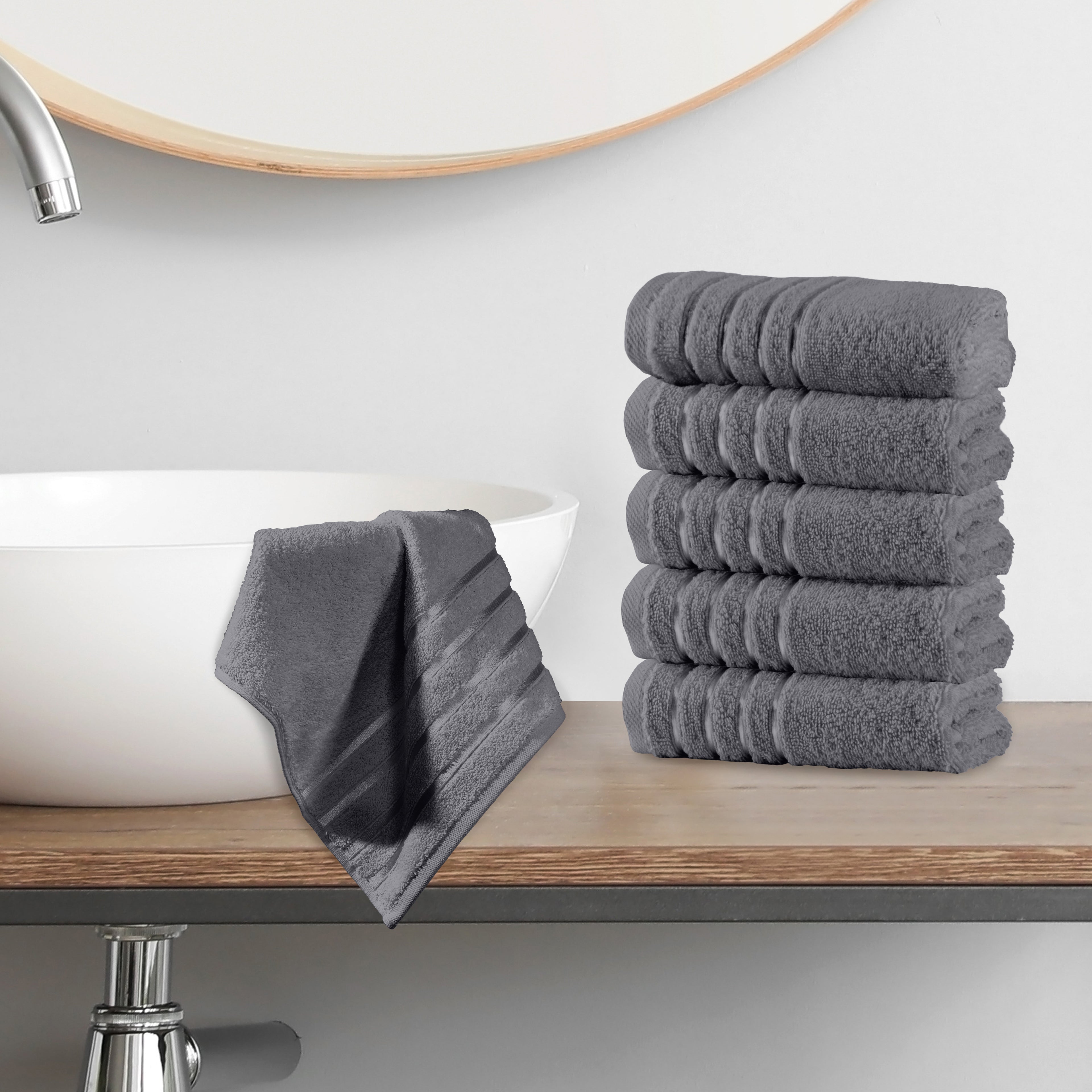 6-Pack Premium Turkish Cotton 4 Lines Stripe Washcloths Set, 13 x 13 inch