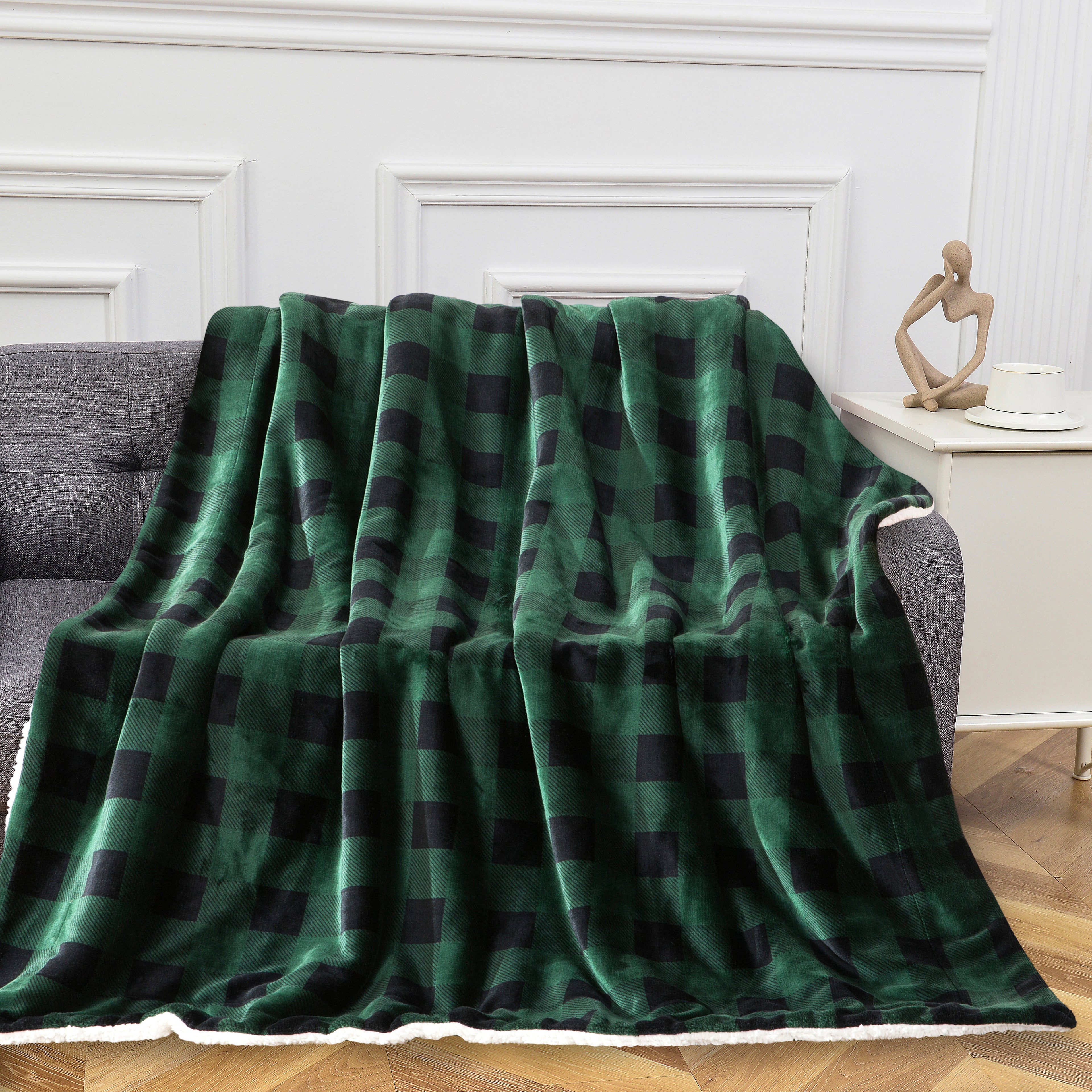 Buffalo Plaid Flannel Fleece Sherpa Throw Blanket