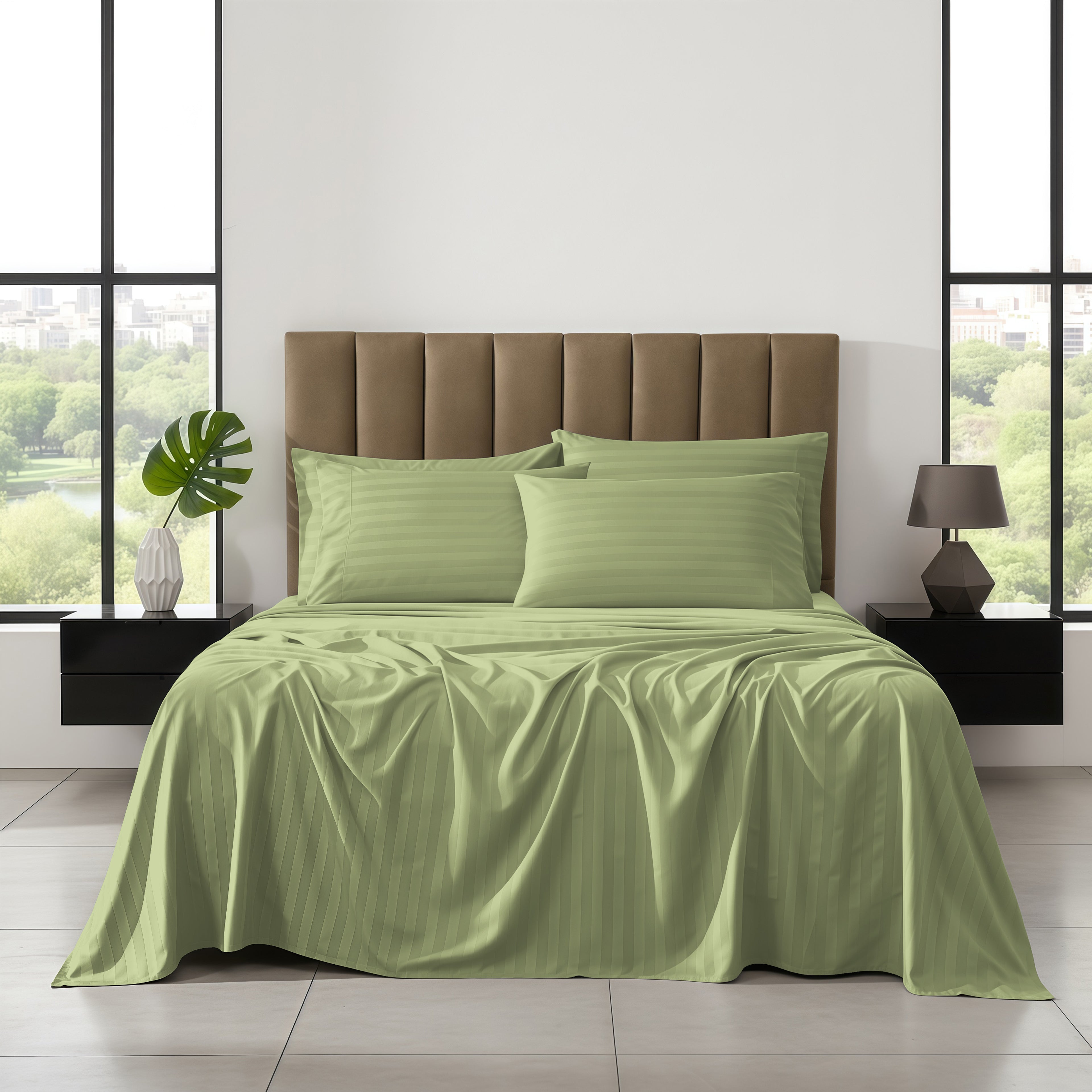 6-Piece Dobby Stripe Printed Bed Sheet Set- Soft as a Hotel Premium Quality