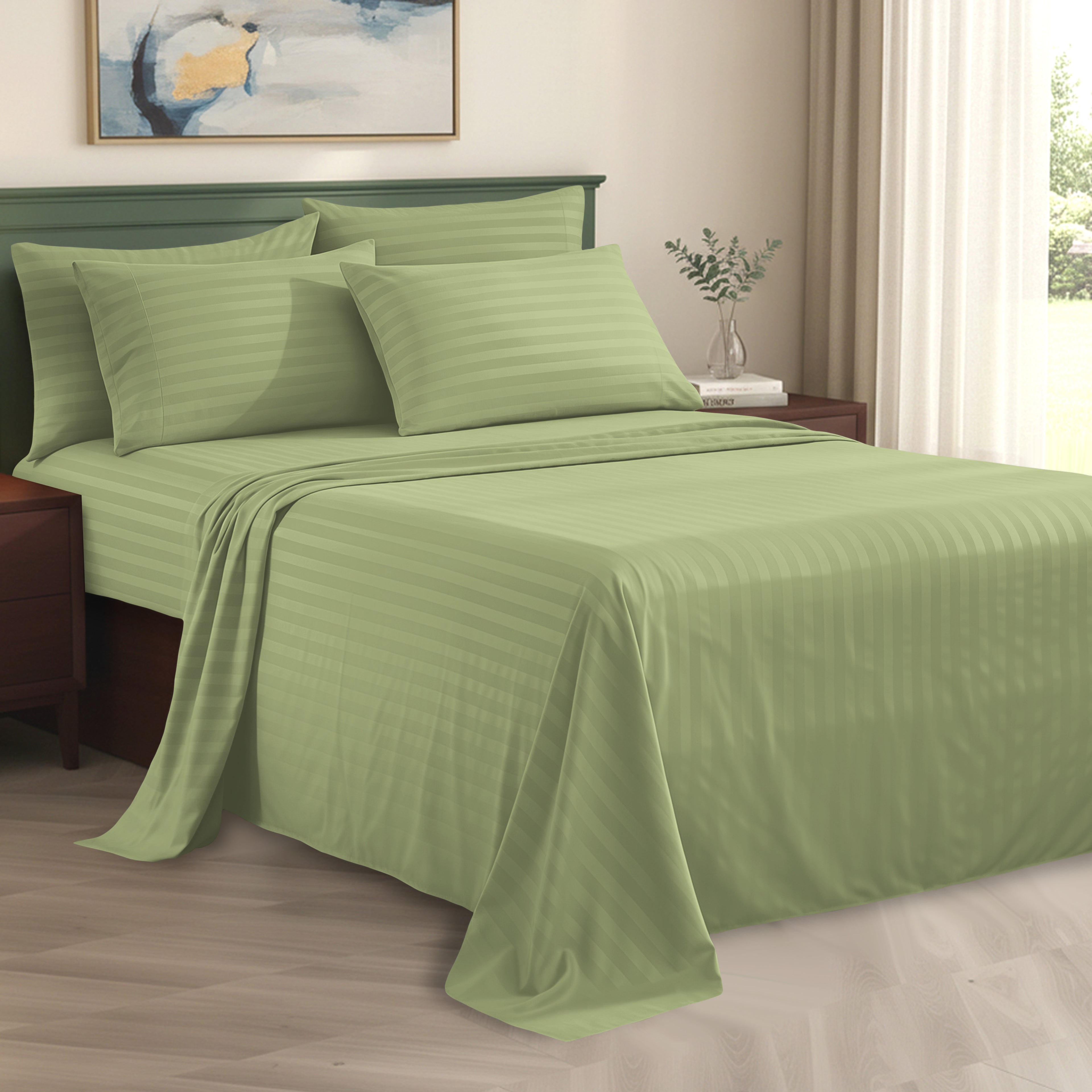6-Piece Dobby Stripe Printed Bed Sheet Set- Soft as a Hotel Premium Quality