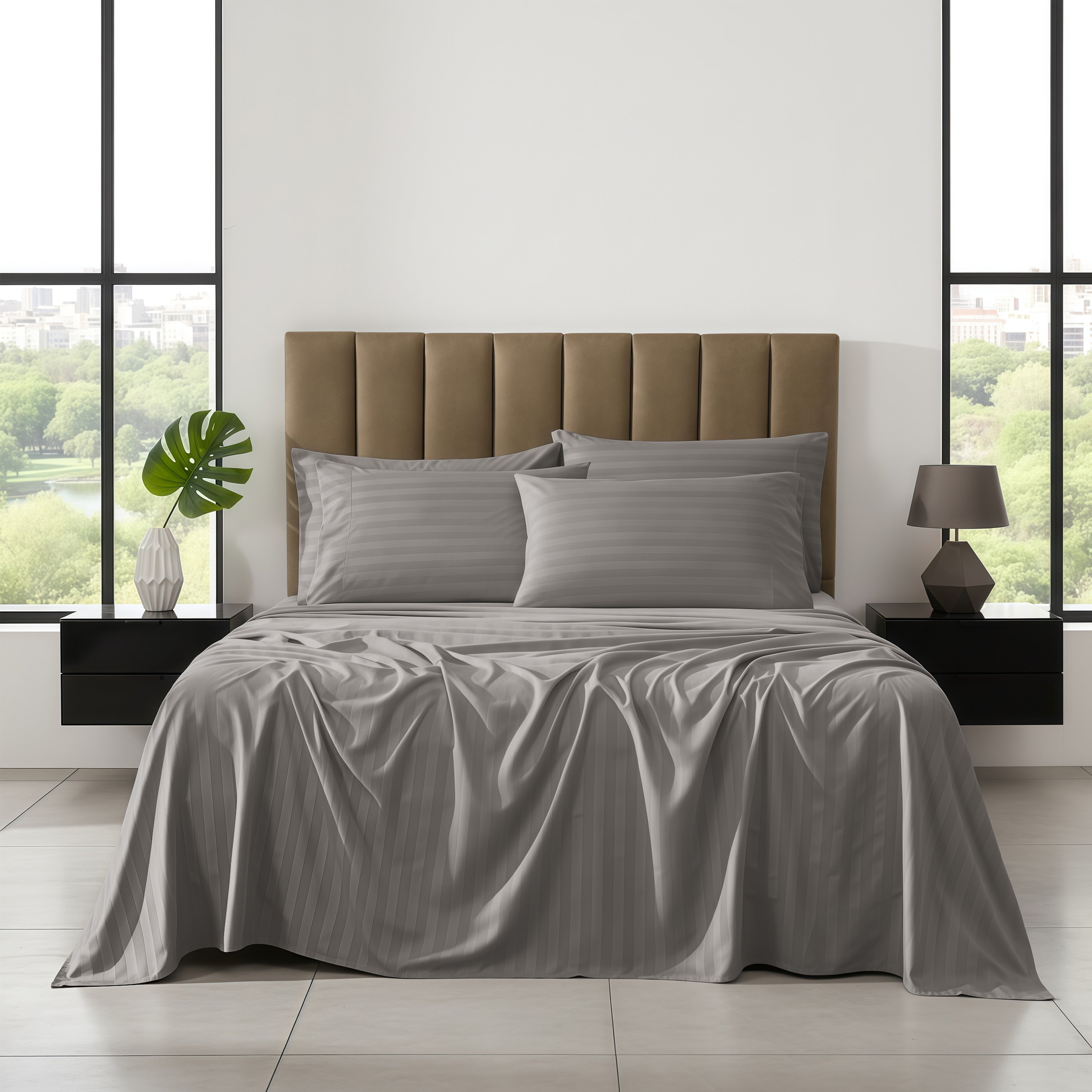 6-Piece Dobby Stripe Printed Bed Sheet Set- Soft as a Hotel Premium Quality