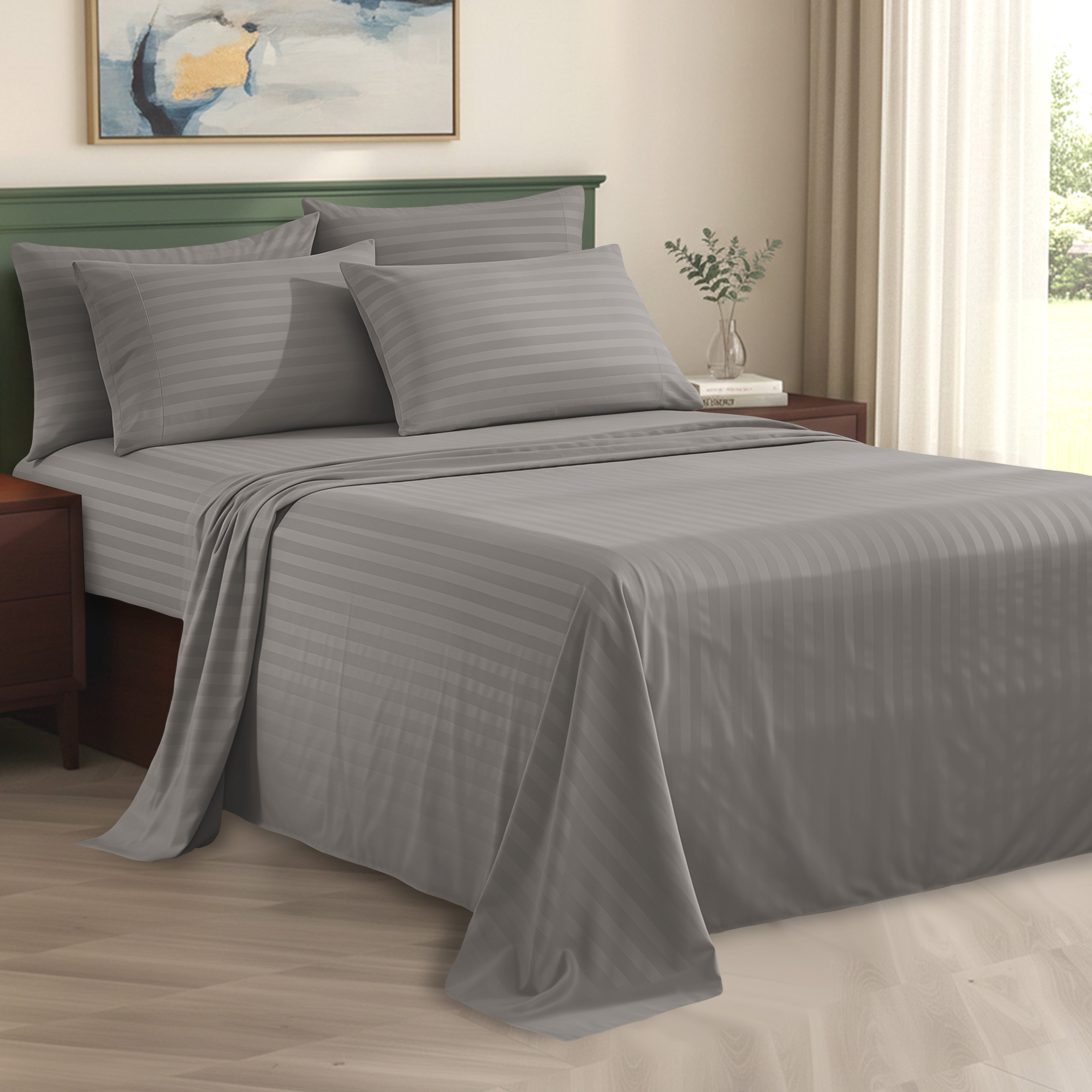 6-Piece Dobby Stripe Printed Bed Sheet Set- Soft as a Hotel Premium Quality